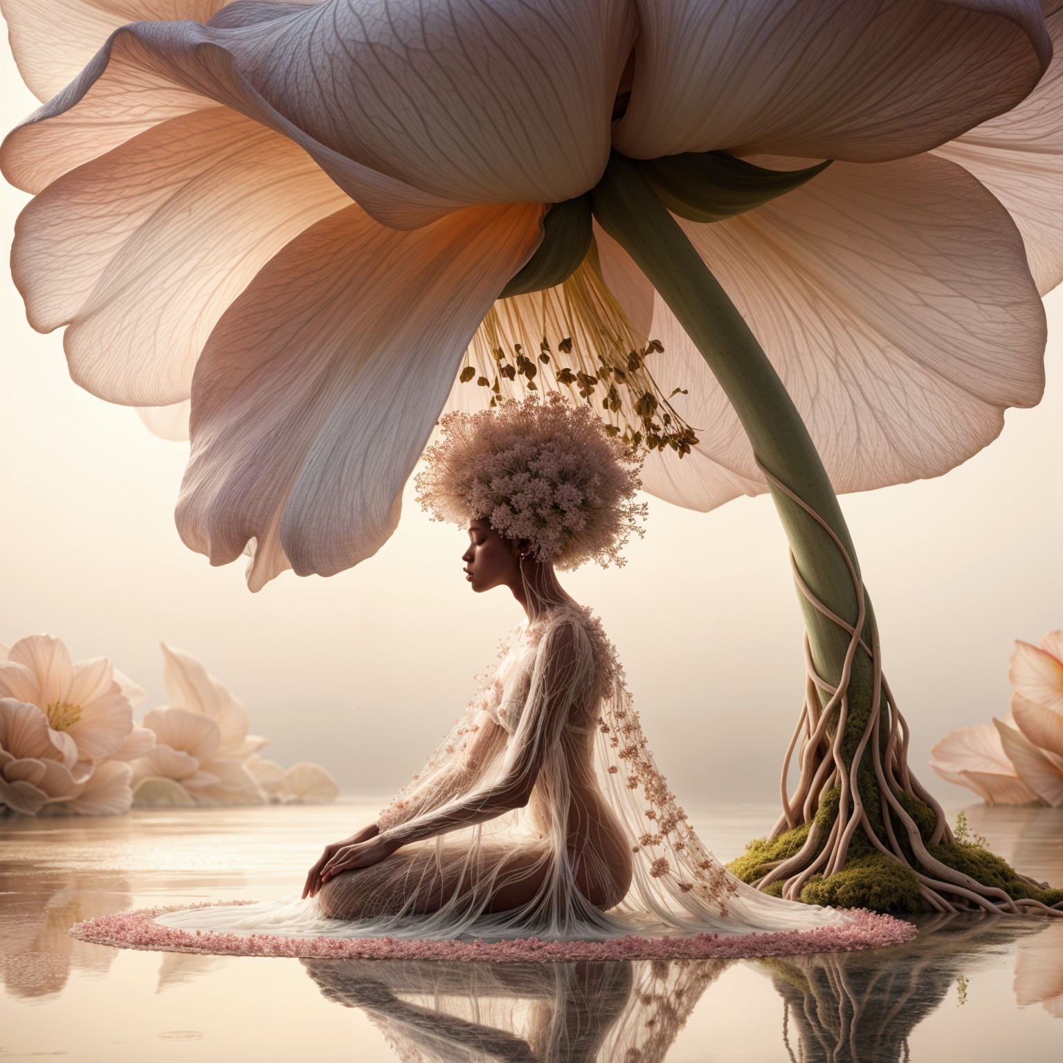 Serene Figure Under a Delicate Flower Canopy