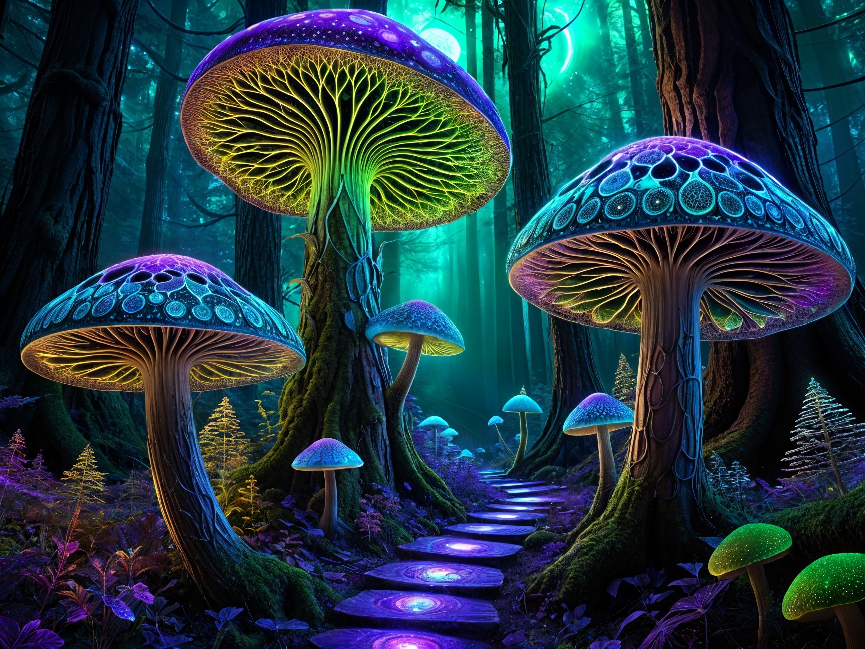 Mystical forest with oversized colorful mushrooms