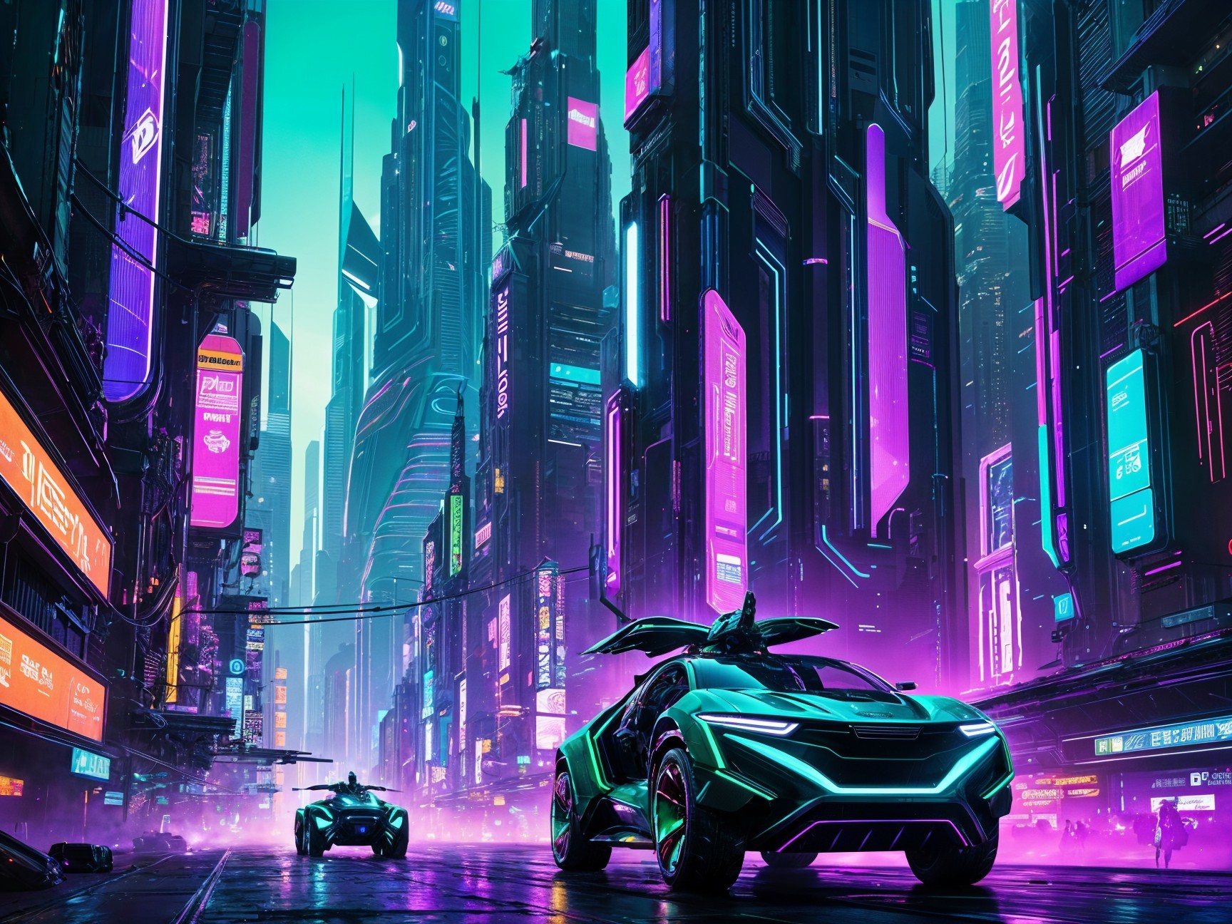 Futuristic cityscape with neon lights and skyscrapers