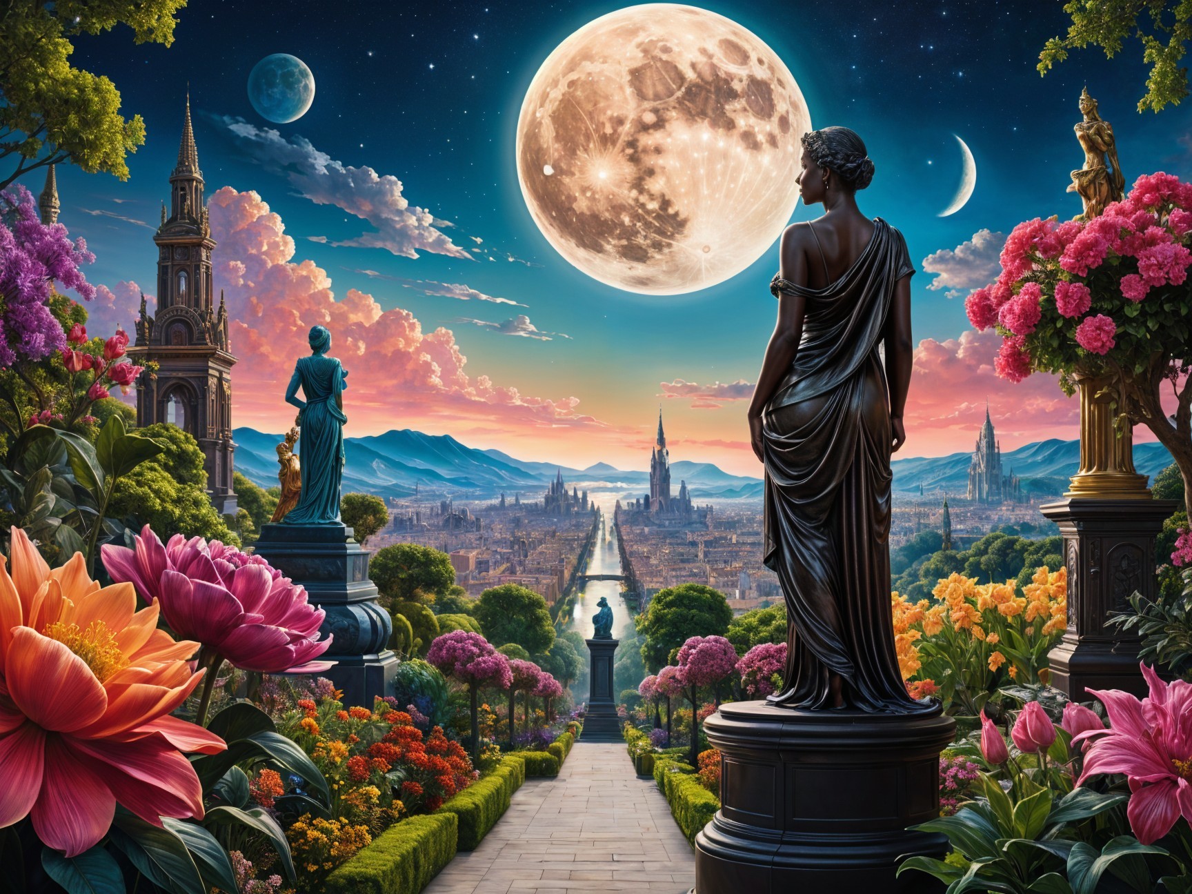 Vibrant Flower Pathway with Statues and Cityscape