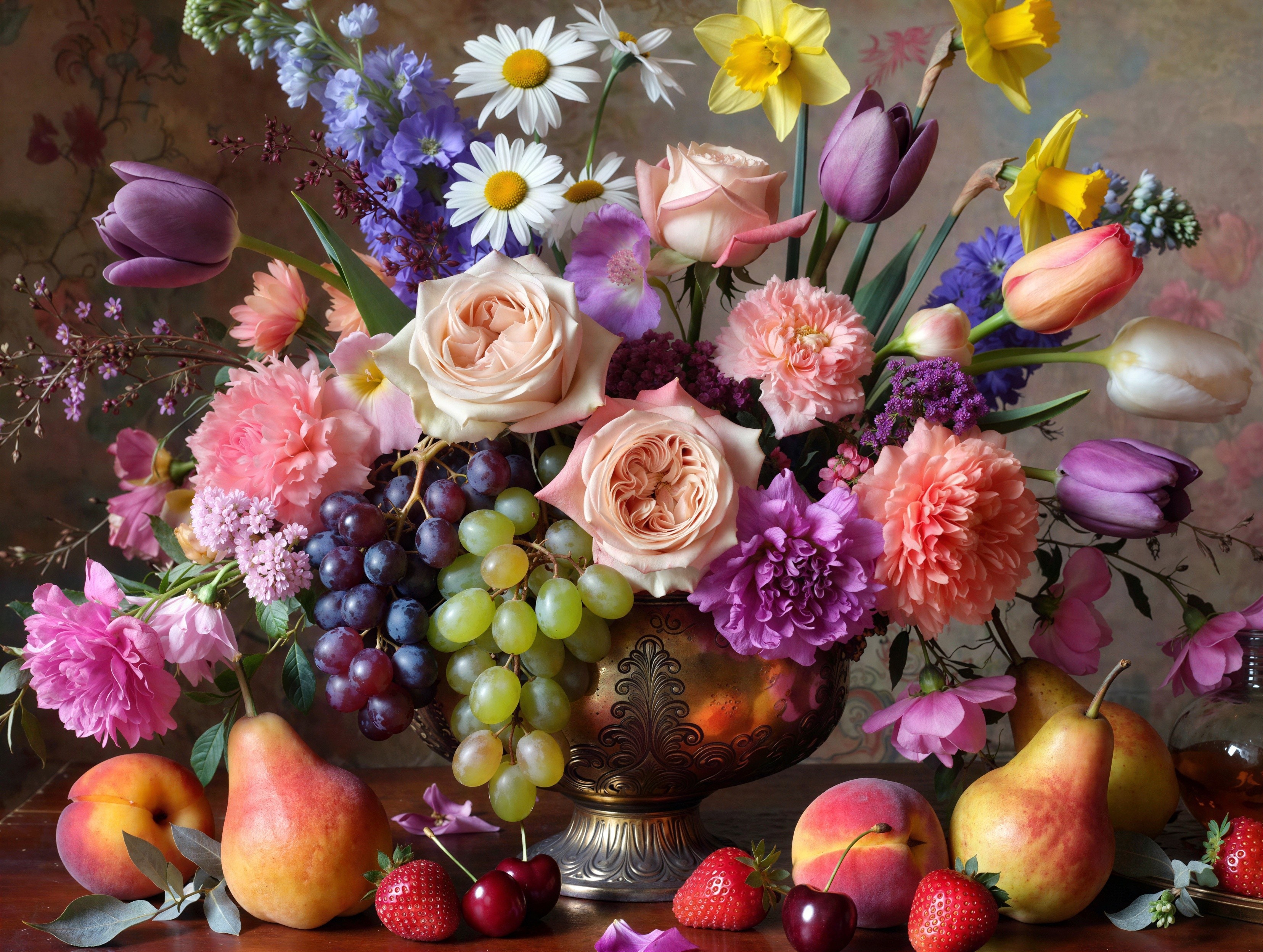 Still Life Painting of Floral Arrangement with Fruits