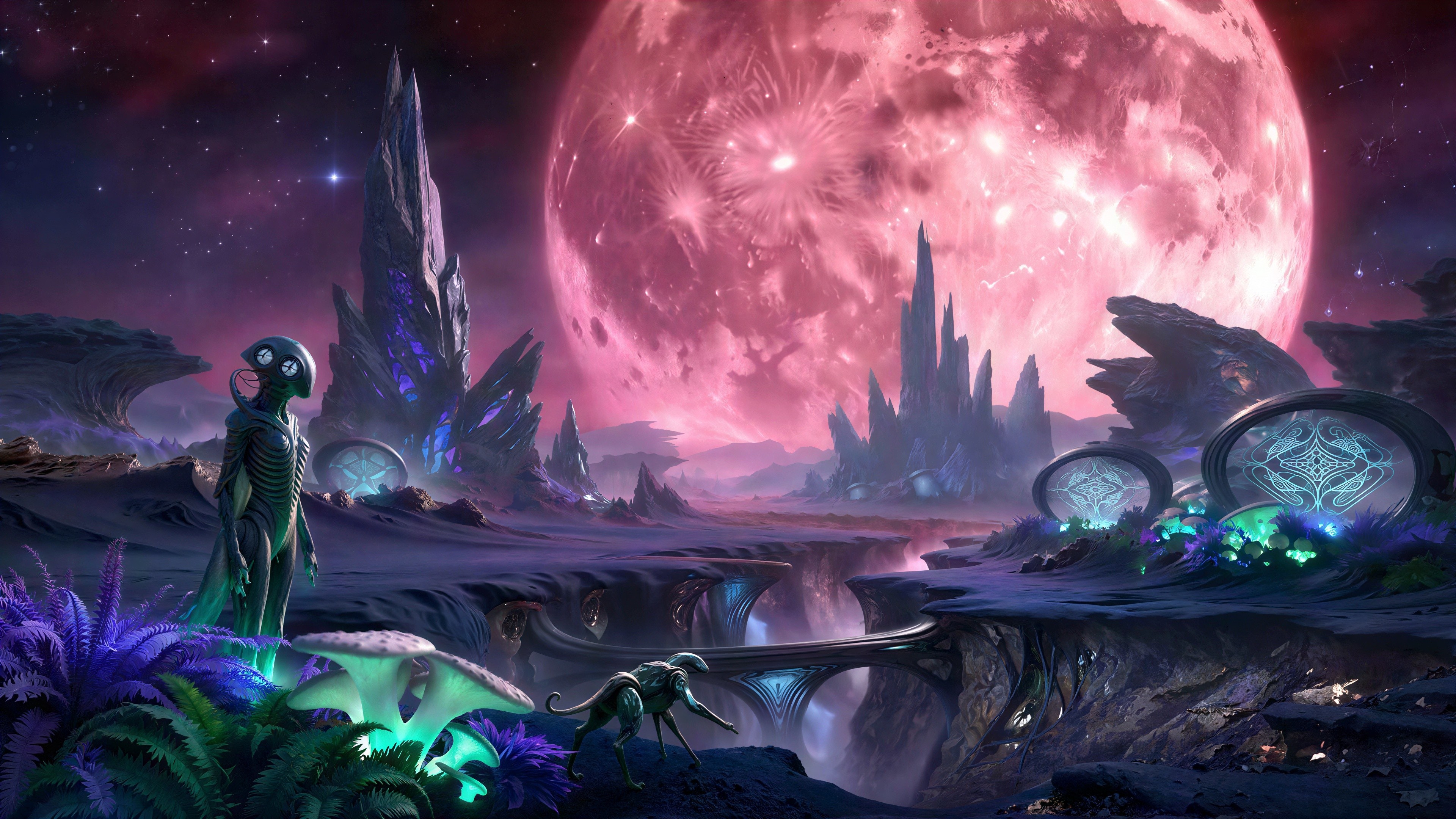Alien Planet Landscape with Pink Moon and Creatures