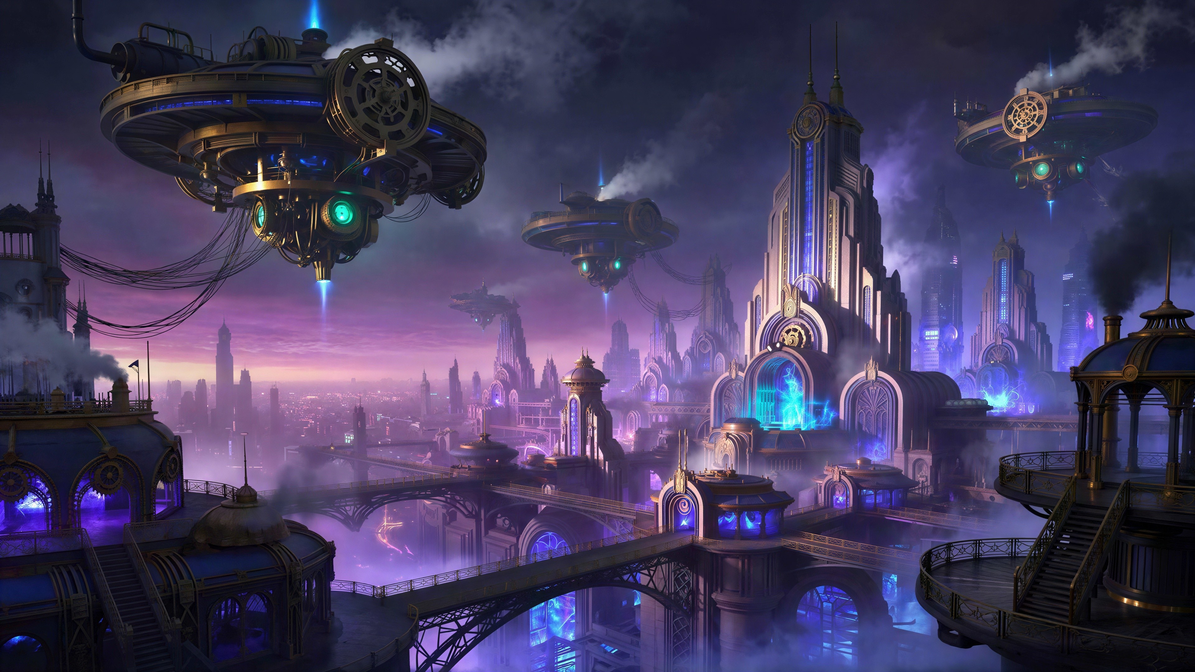 Futuristic cityscape with art nouveau and steampunk styles