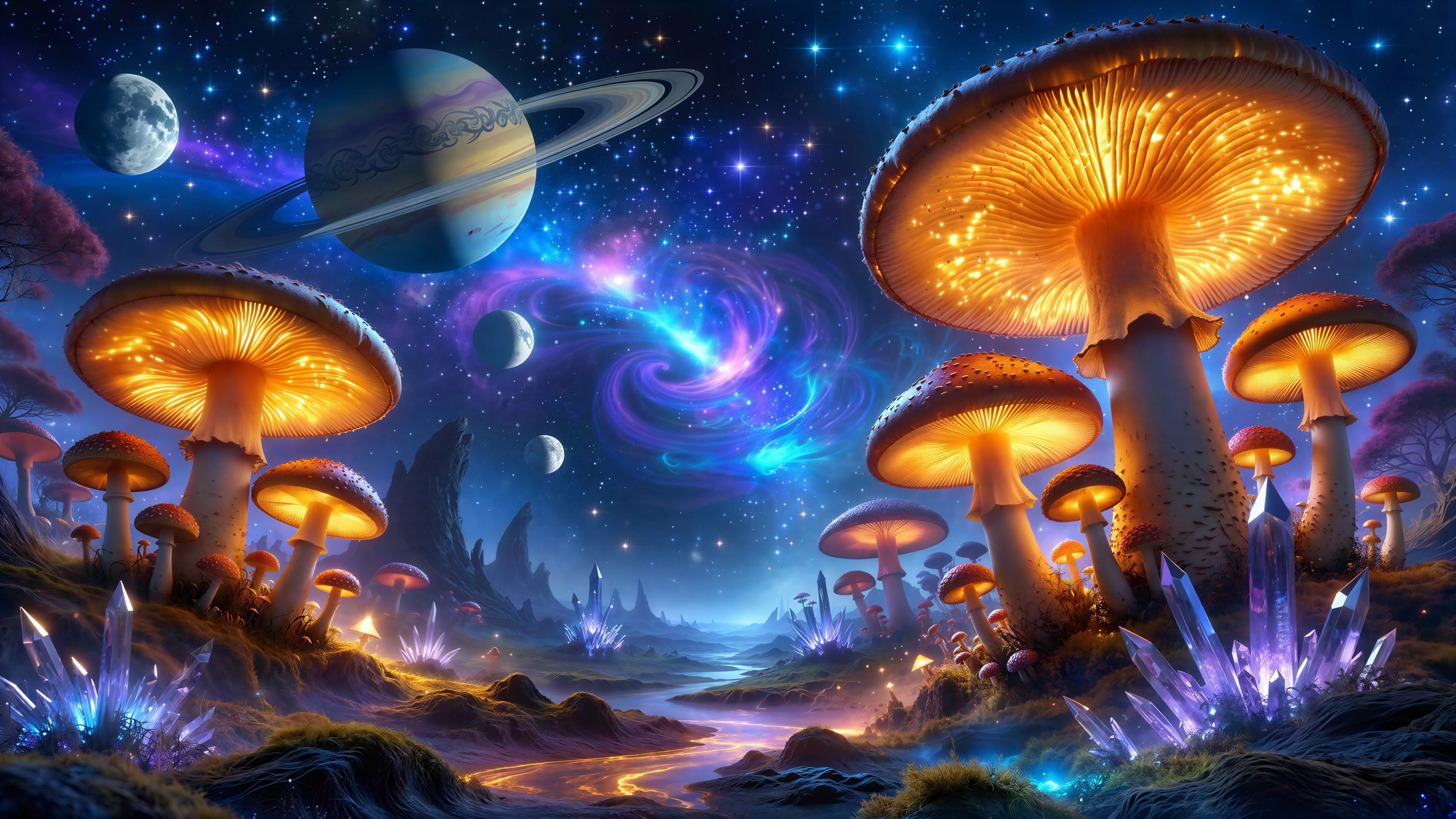 Psychedelic Alien Landscape with Bioluminescent Mushrooms