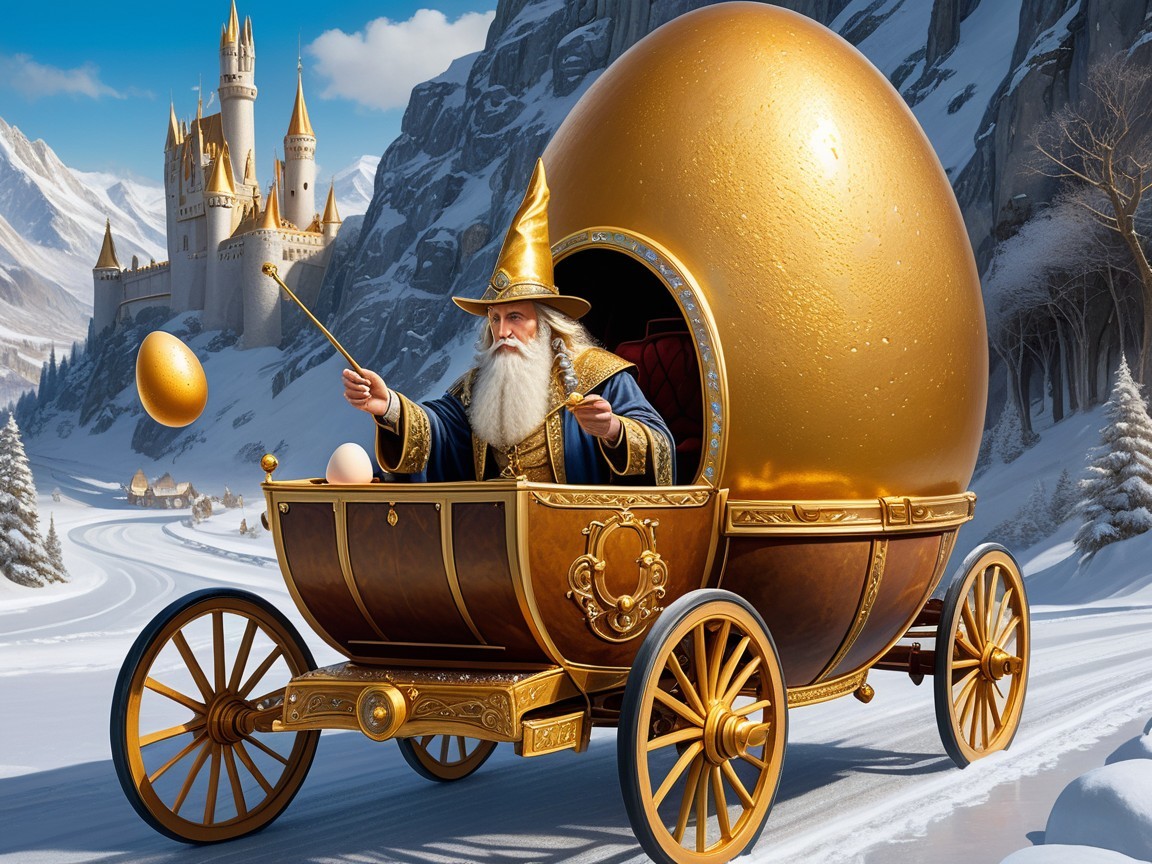 Mystical Winter Landscape with Wizard and Golden Carriage