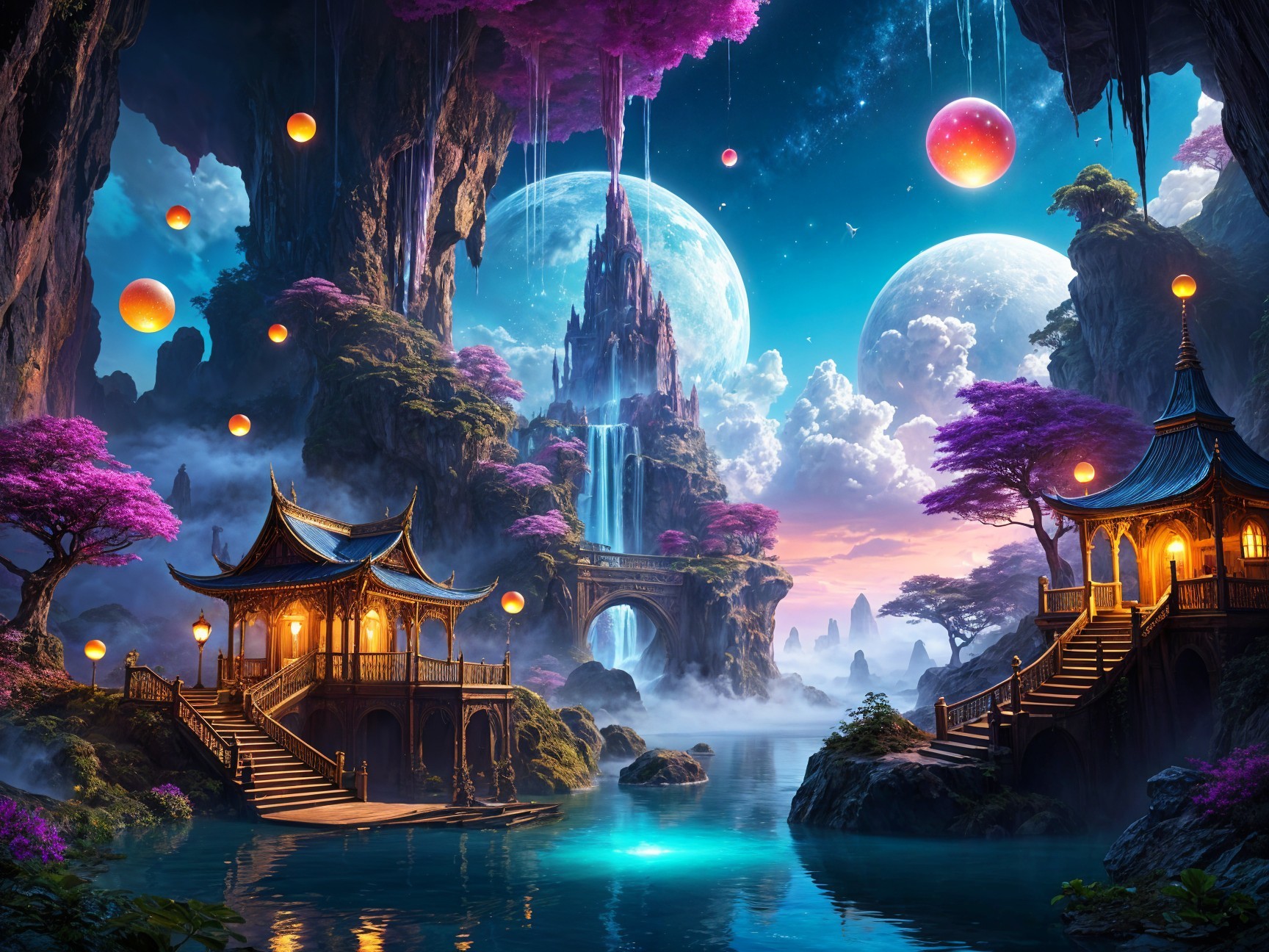Luminous Fantasy Landscape with Waterfalls and Pagodas