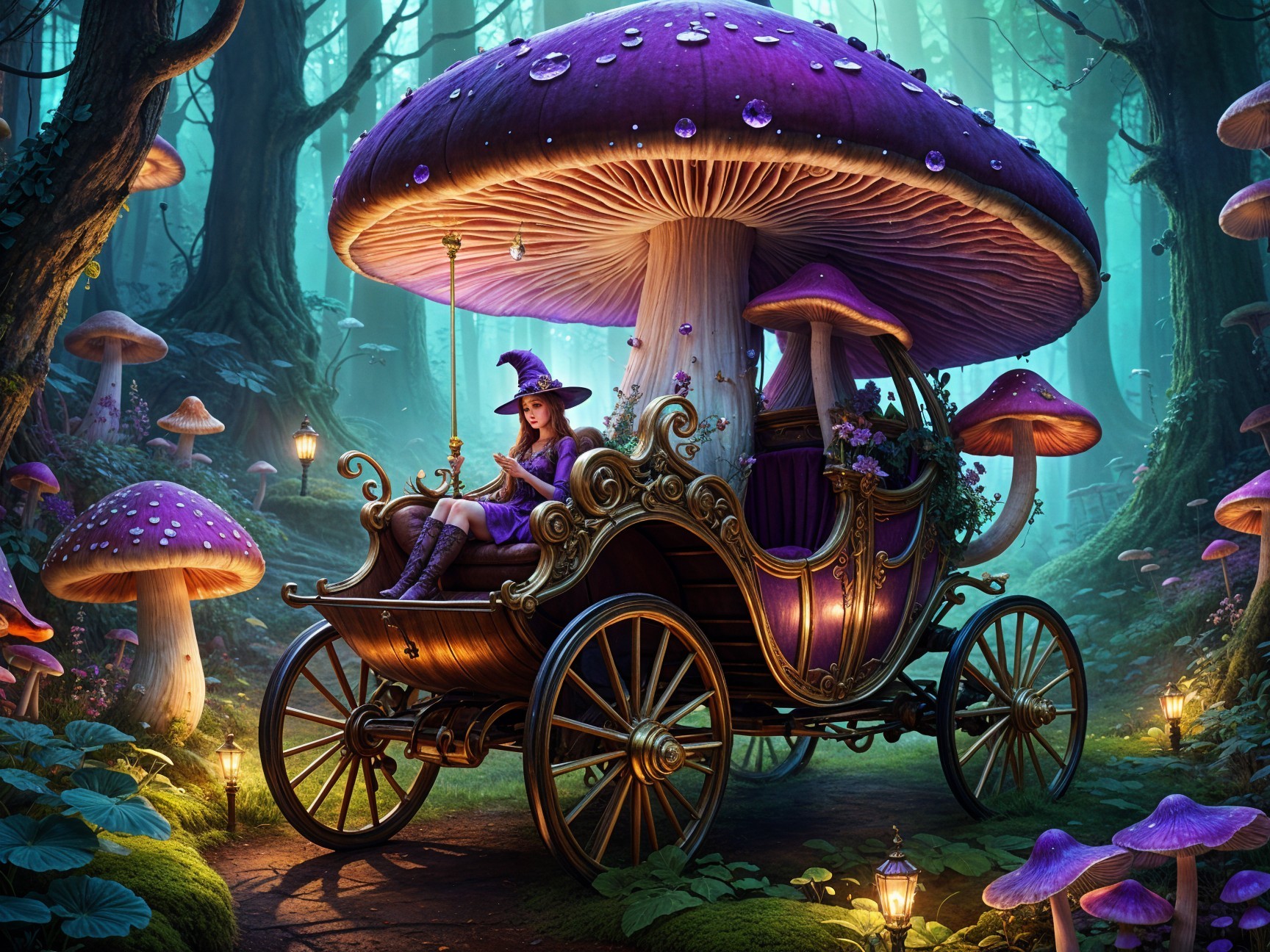 Enchanted Forest with Whimsical Carriage and Mushrooms