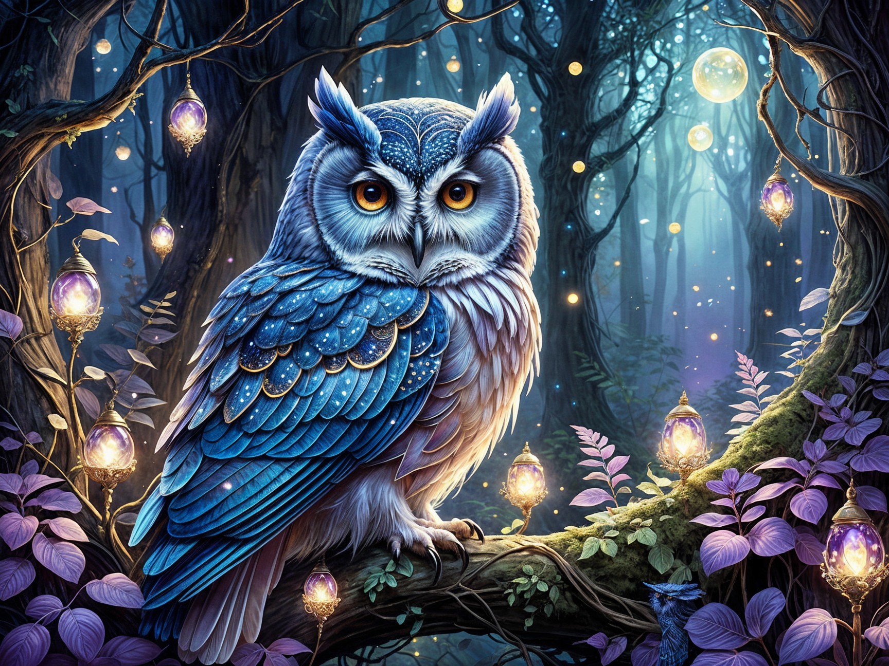 Majestic owl with blue feathers in enchanted forest