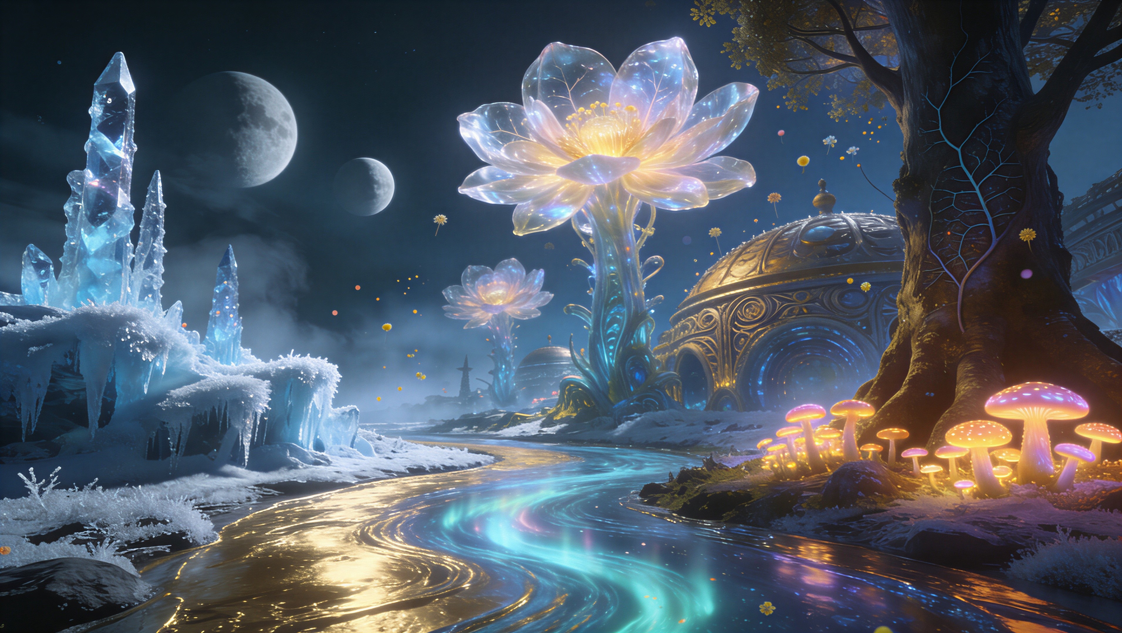 Nocturnal Landscape with Two Moons and Icy Formation