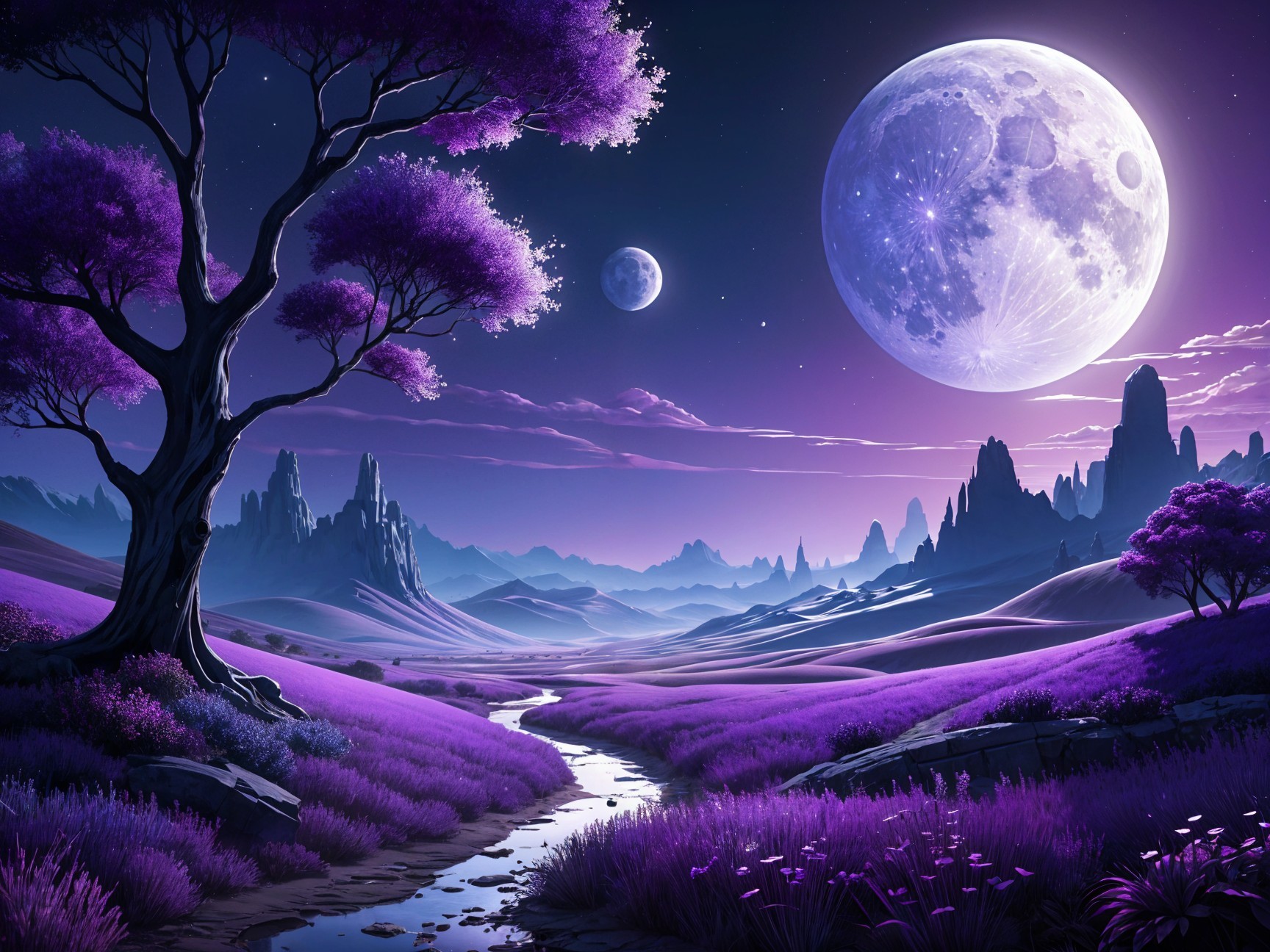 Surreal Landscape with Vibrant Purples and Moonlight