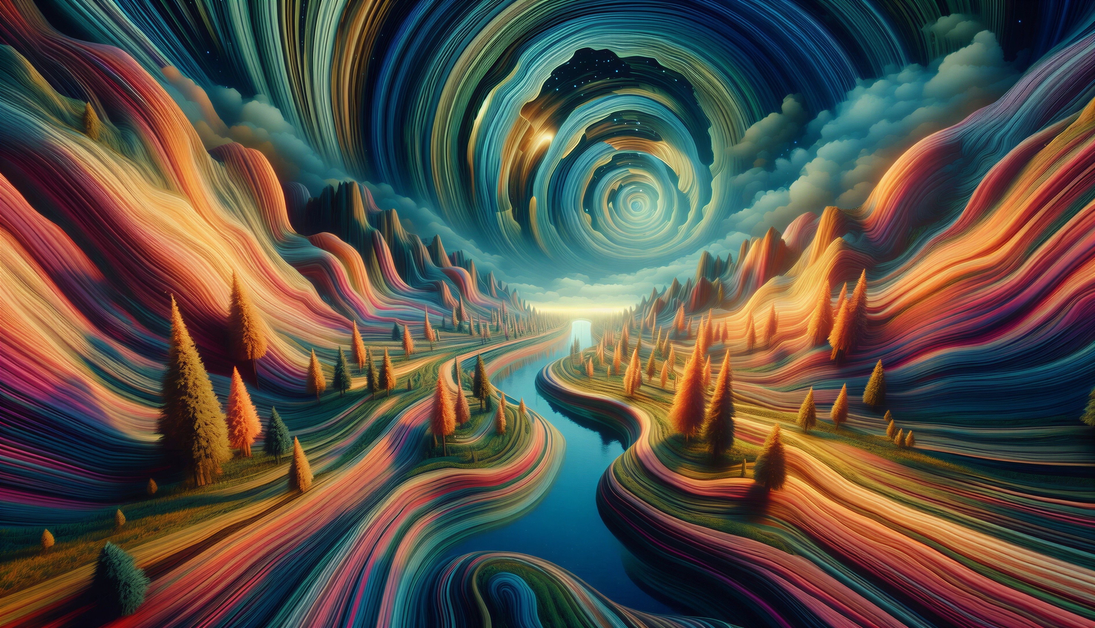 Surreal Landscape with Colorful Patterns and River