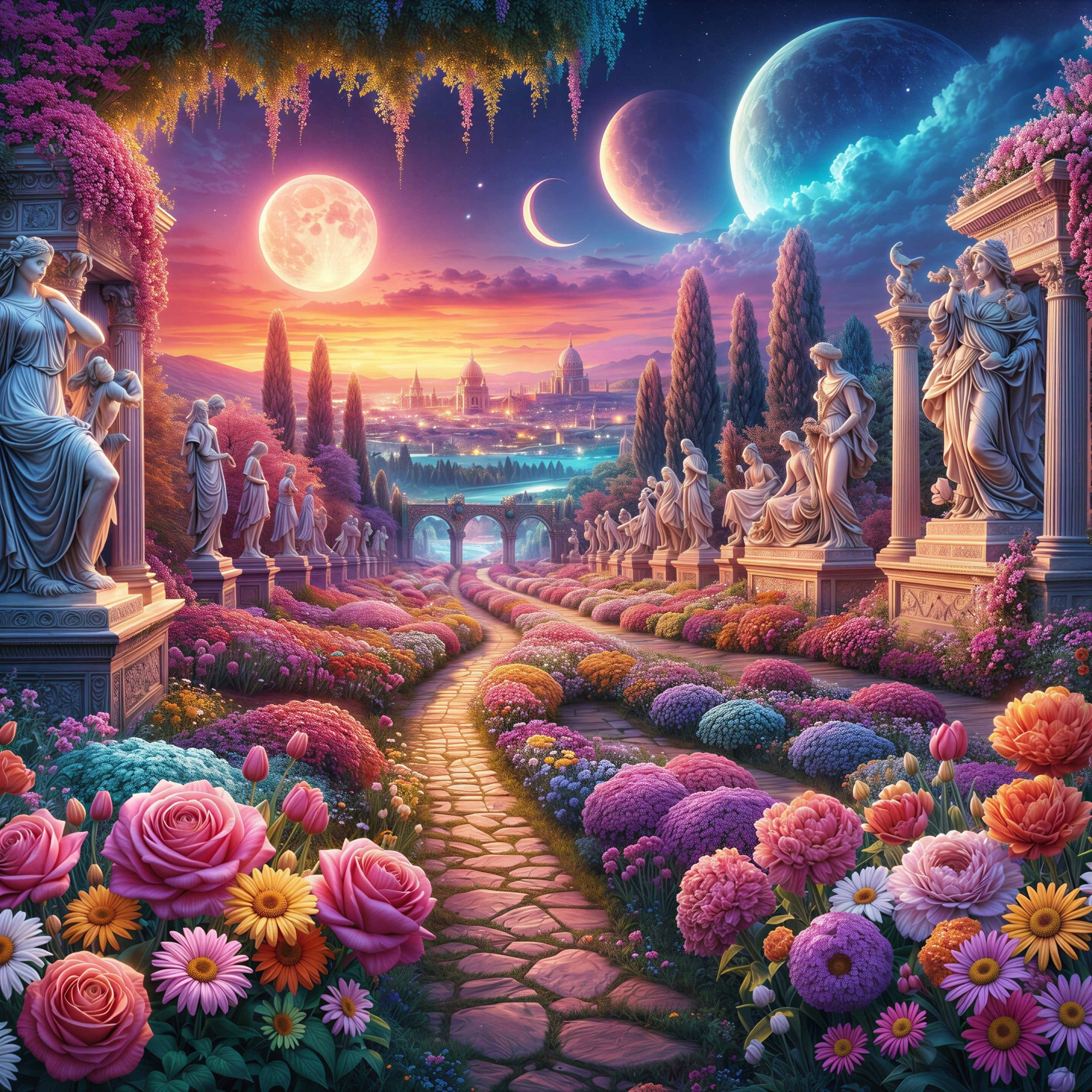 Celestial Garden at Dusk with Vibrant Flowers and Moons
