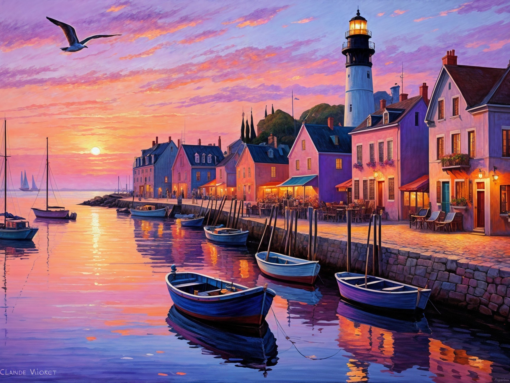 Tranquil Harbor at Sunset with Pastel Buildings