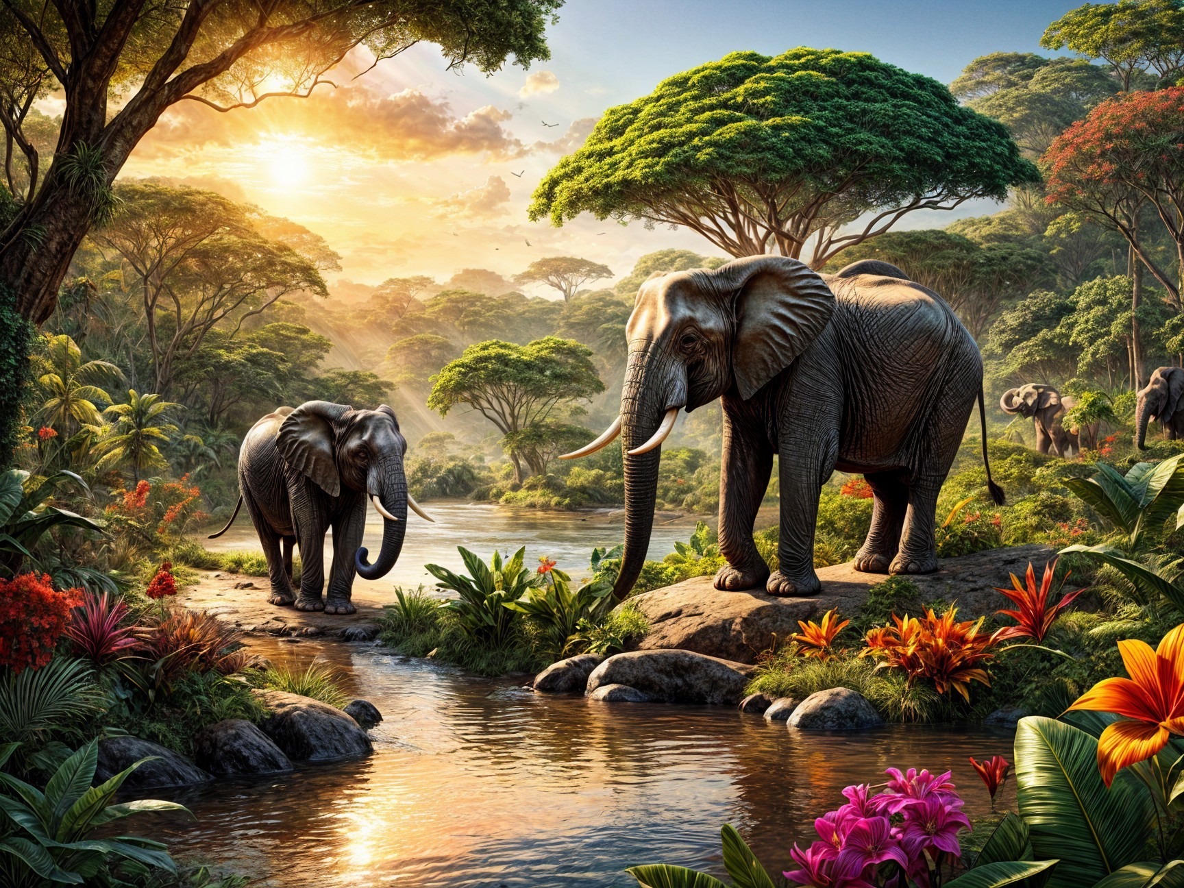 Serene Jungle Landscape with Elephants at Sunset