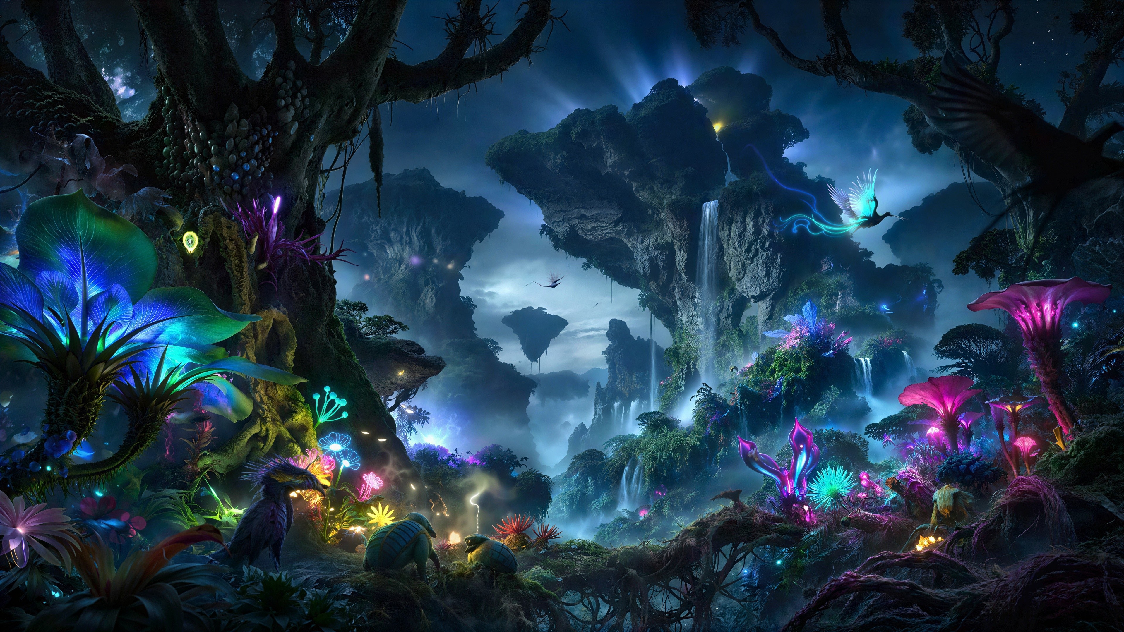 Bioluminescent Alien Forest with Glowing Flora and Fauna