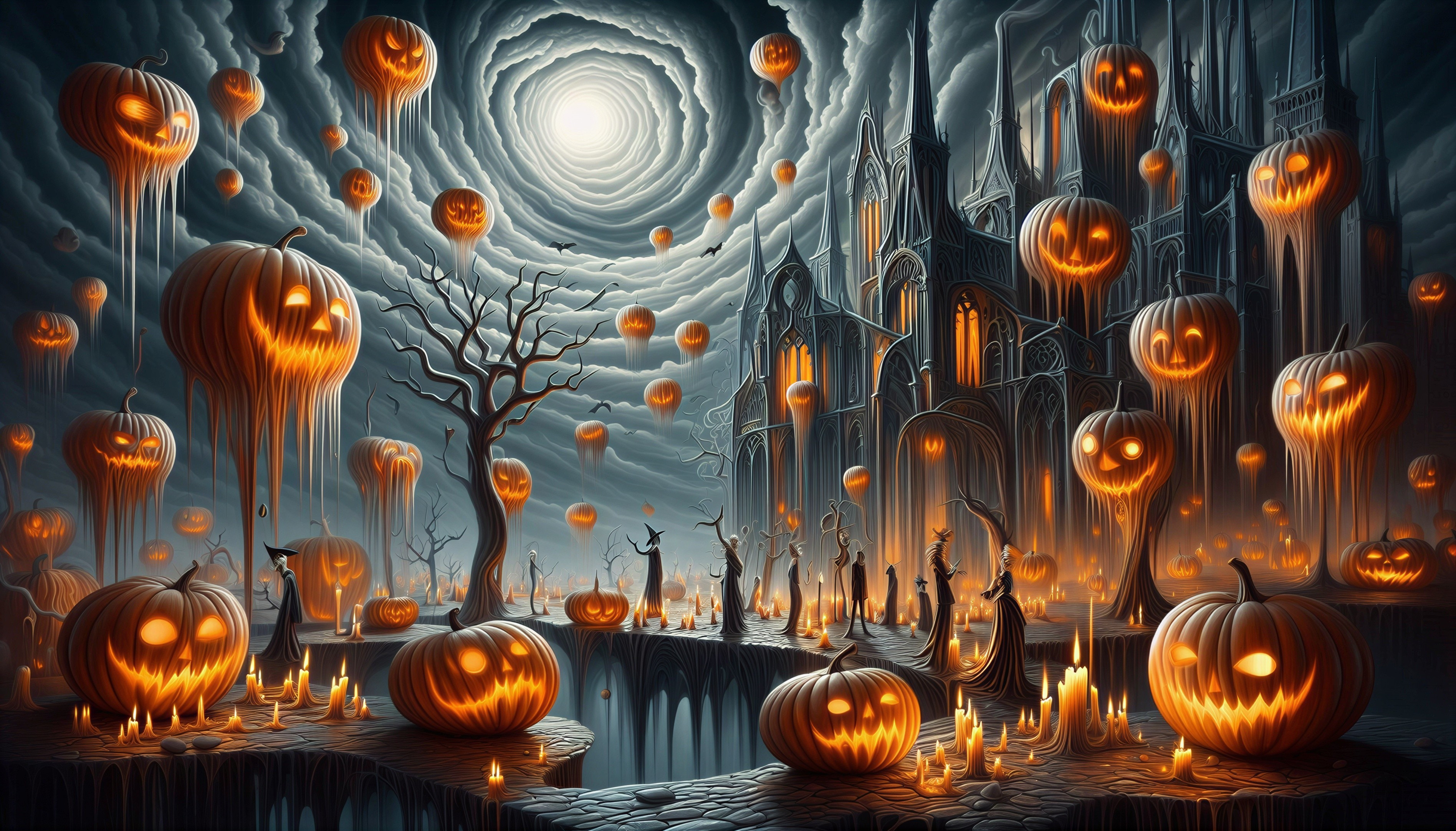 Eerie Landscape with Illuminated Pumpkins and Gothic Cathedral