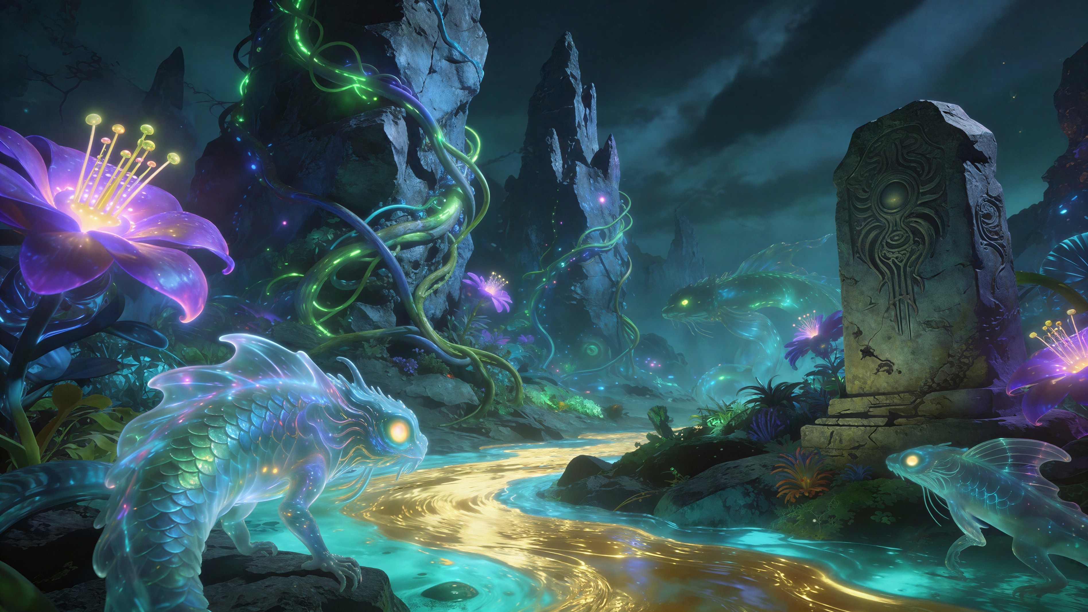 Glowing River in a Mystical Twilight Landscape