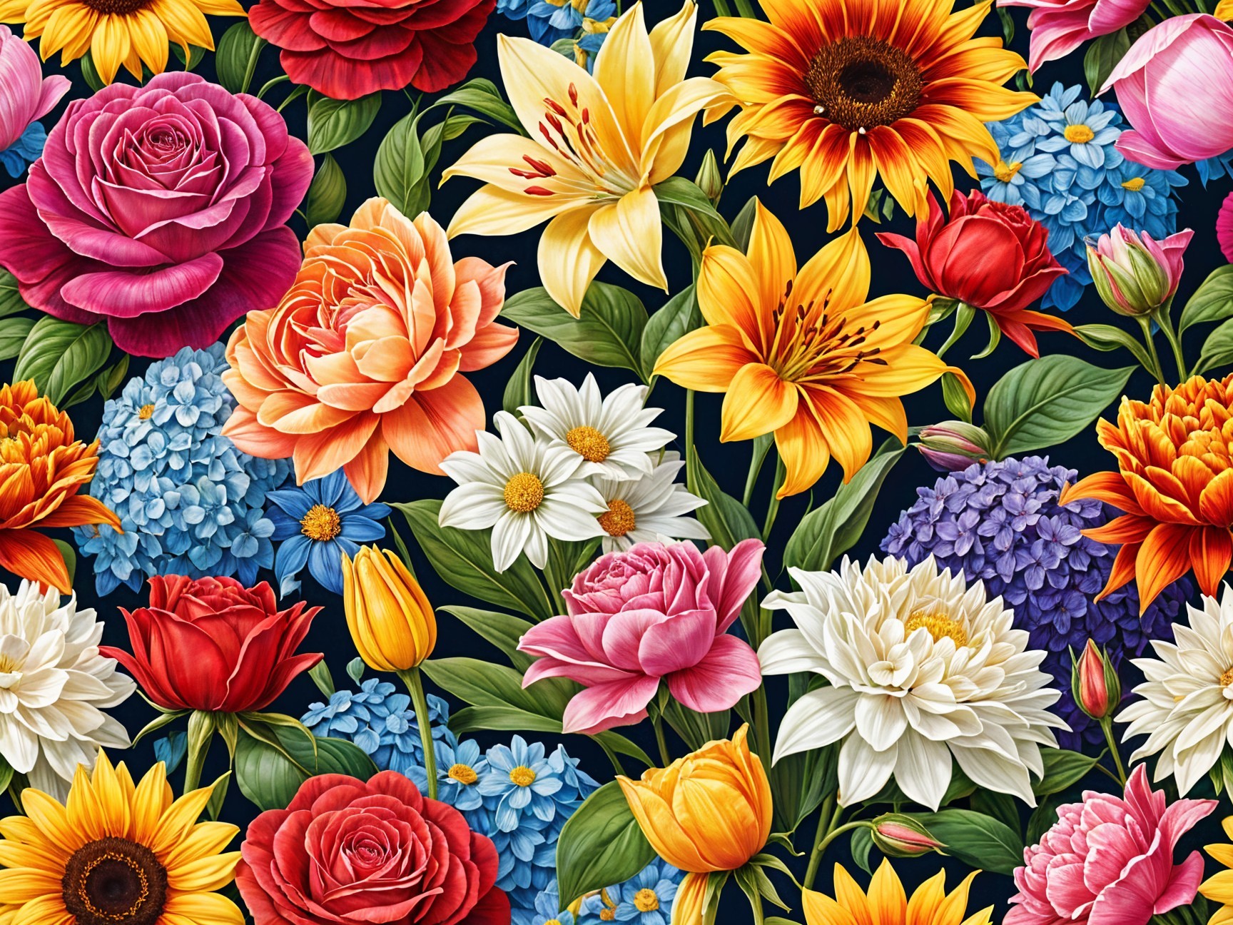 Vibrant Floral Pattern with Diverse Flowers on Dark Background