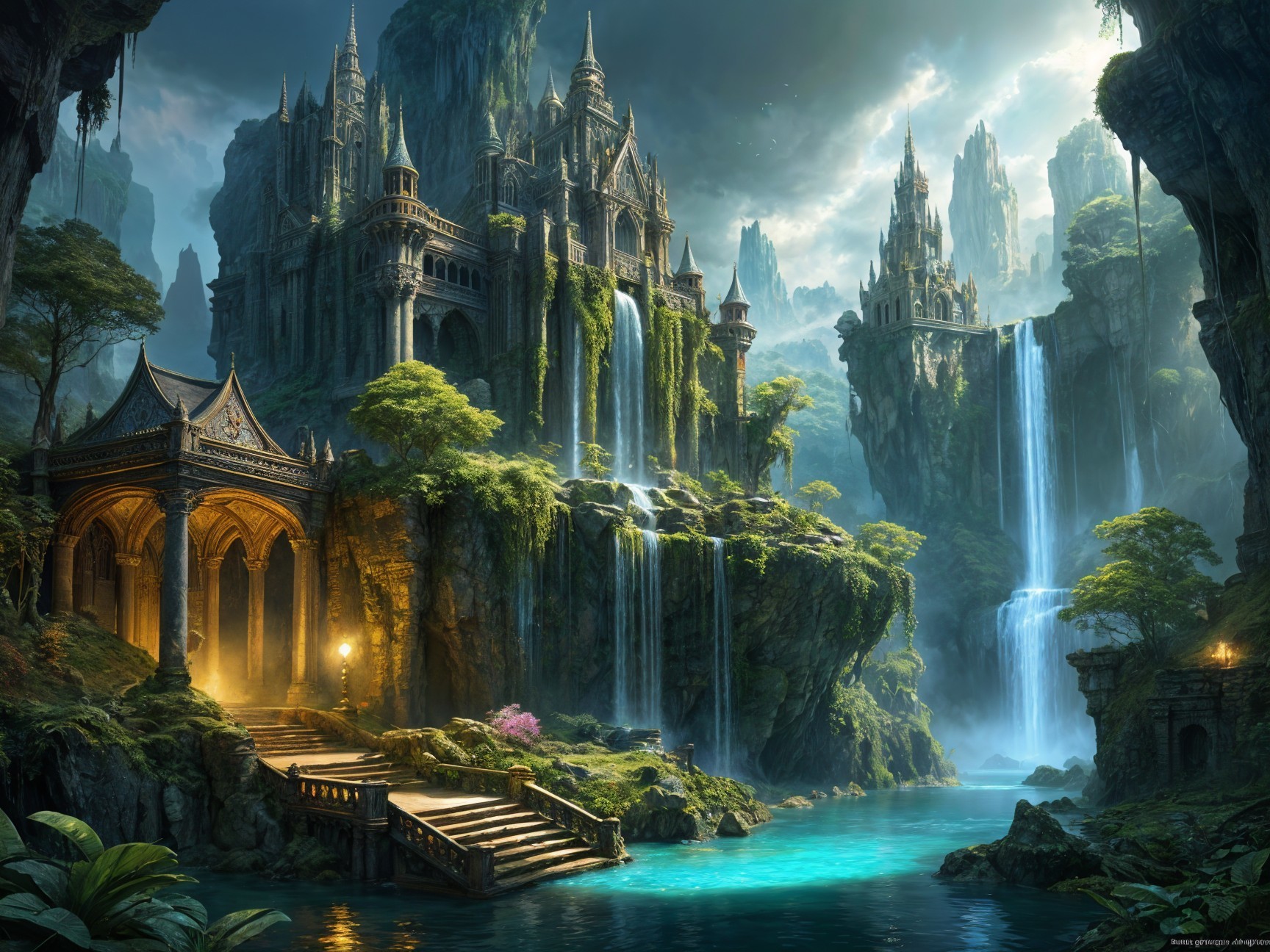 Majestic Fantasy Landscape with Castles and Waterfalls