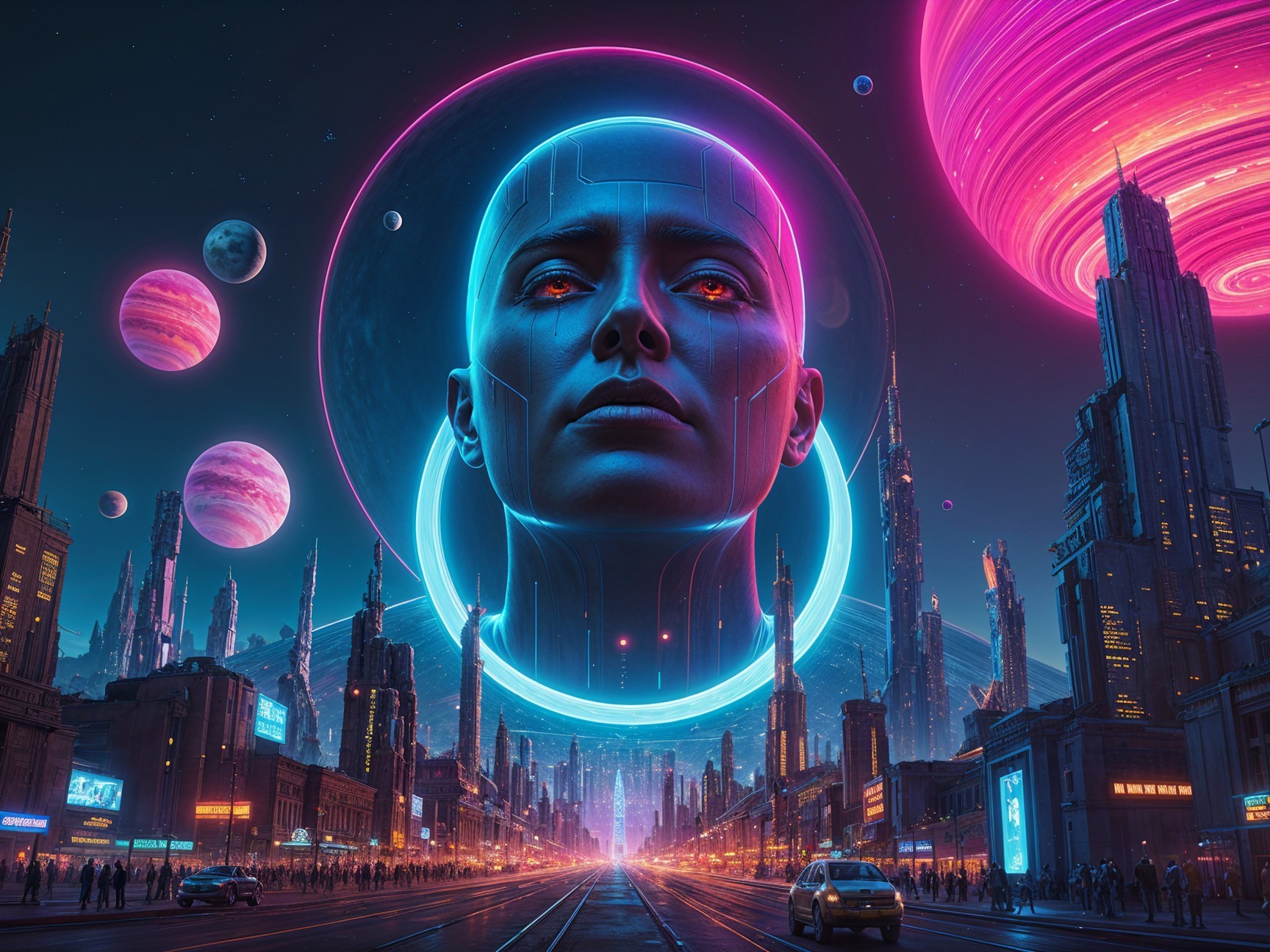 Futuristic cityscape with neon colors and AI face