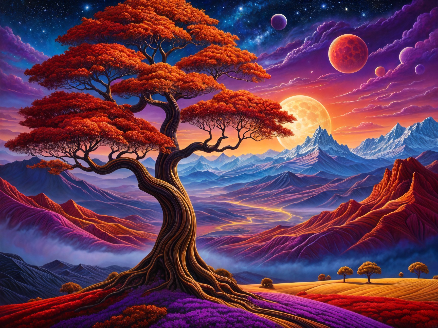 Majestic Tree and Colorful Landscape at Sunset