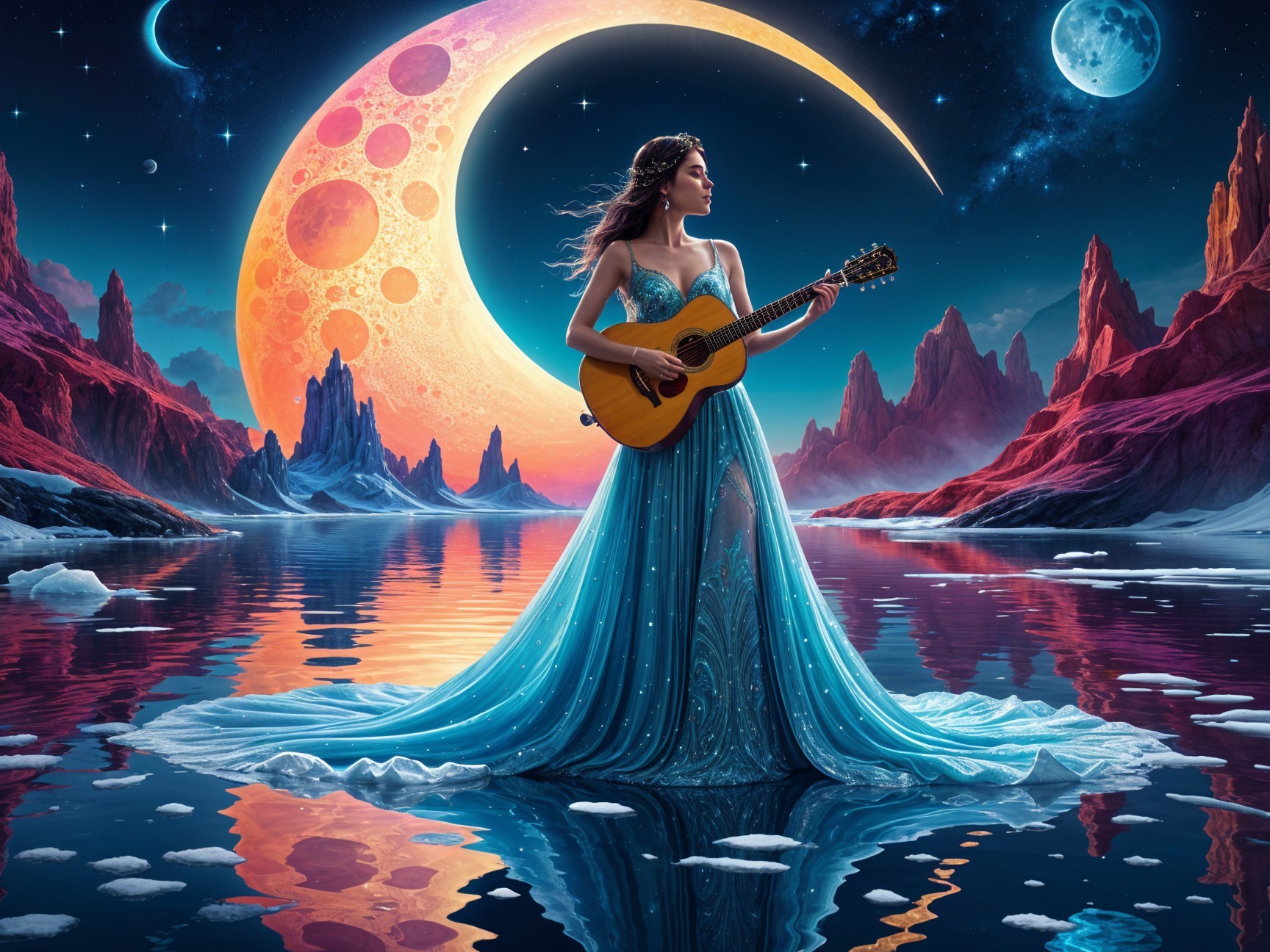Young woman in blue gown by shimmering lake at night