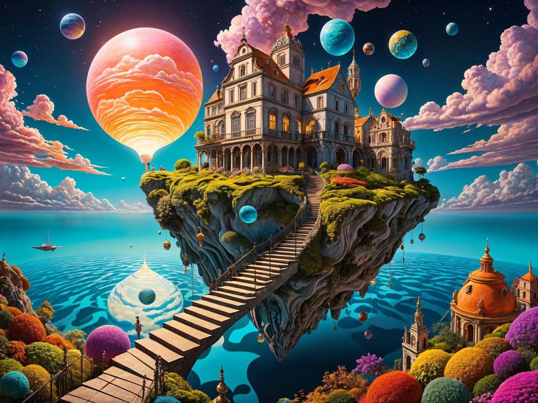 Grand Mansion on Floating Island in Dreamlike Landscape