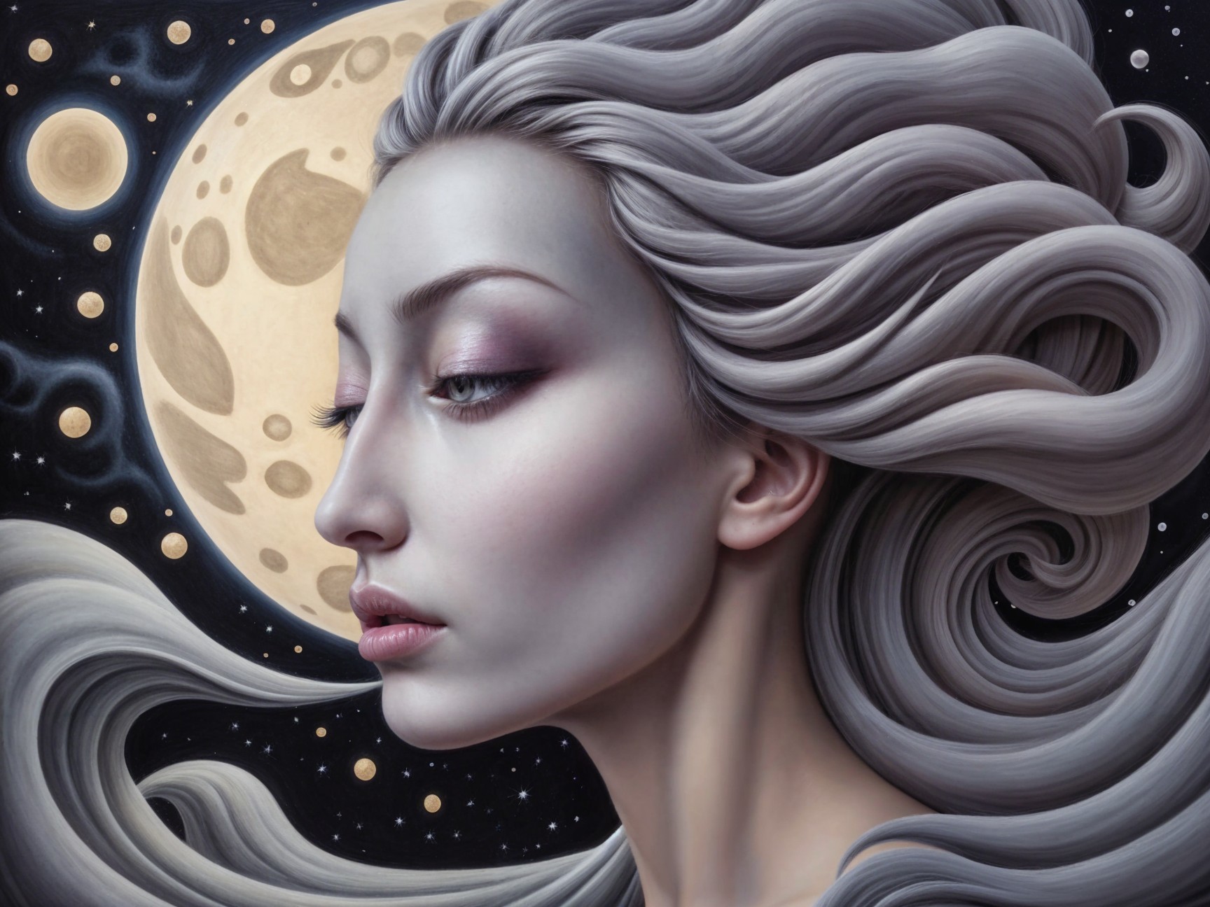 Ethereal Woman with Silver Hair in Cosmic Setting