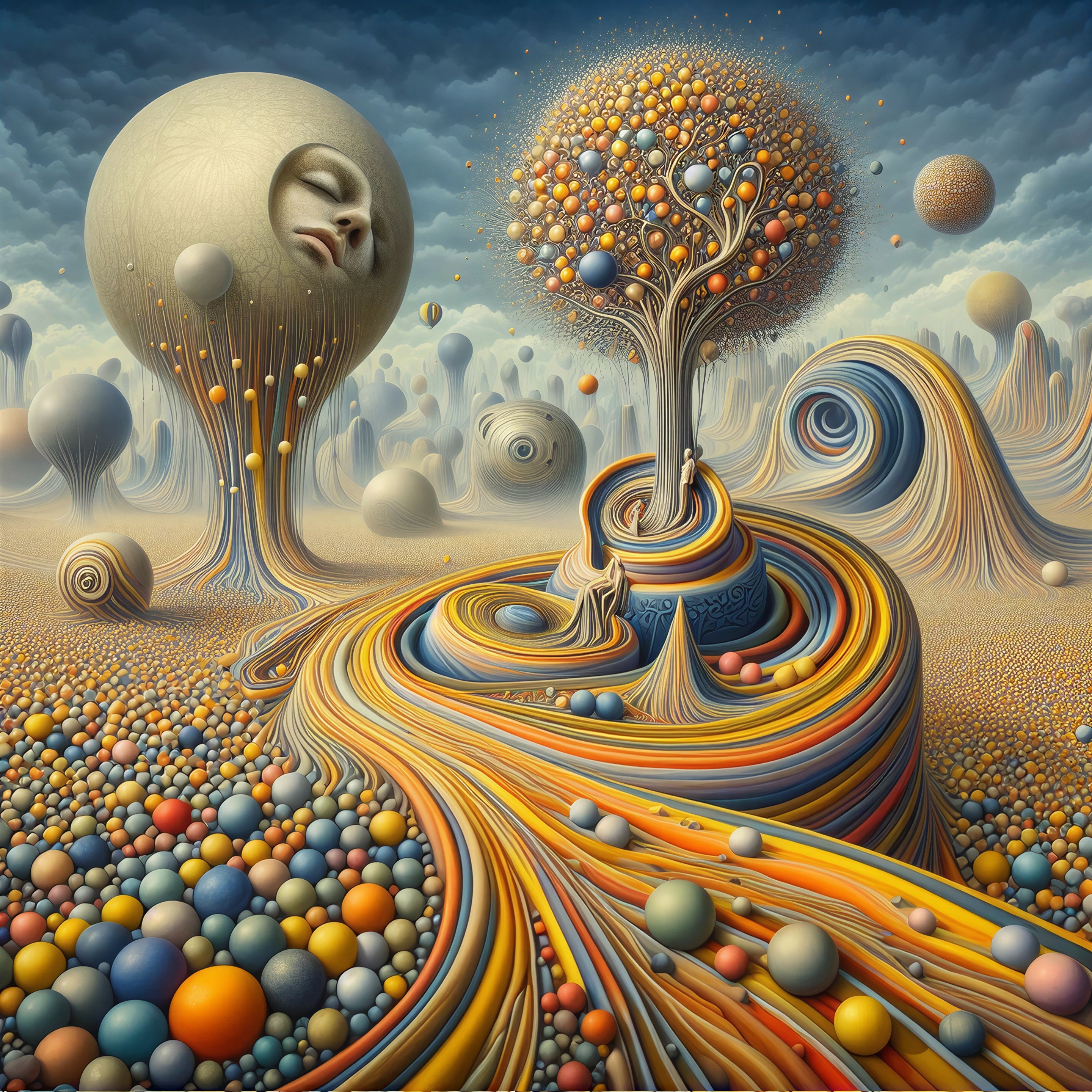Surreal Landscape with Serene Face and Colorful Orbs