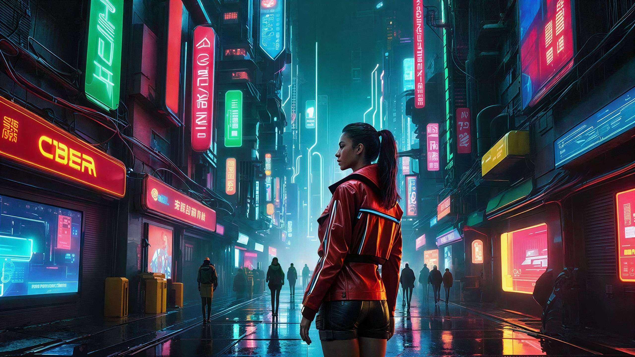 Cyberpunk Artwork Featuring Neon Alleyway Scene