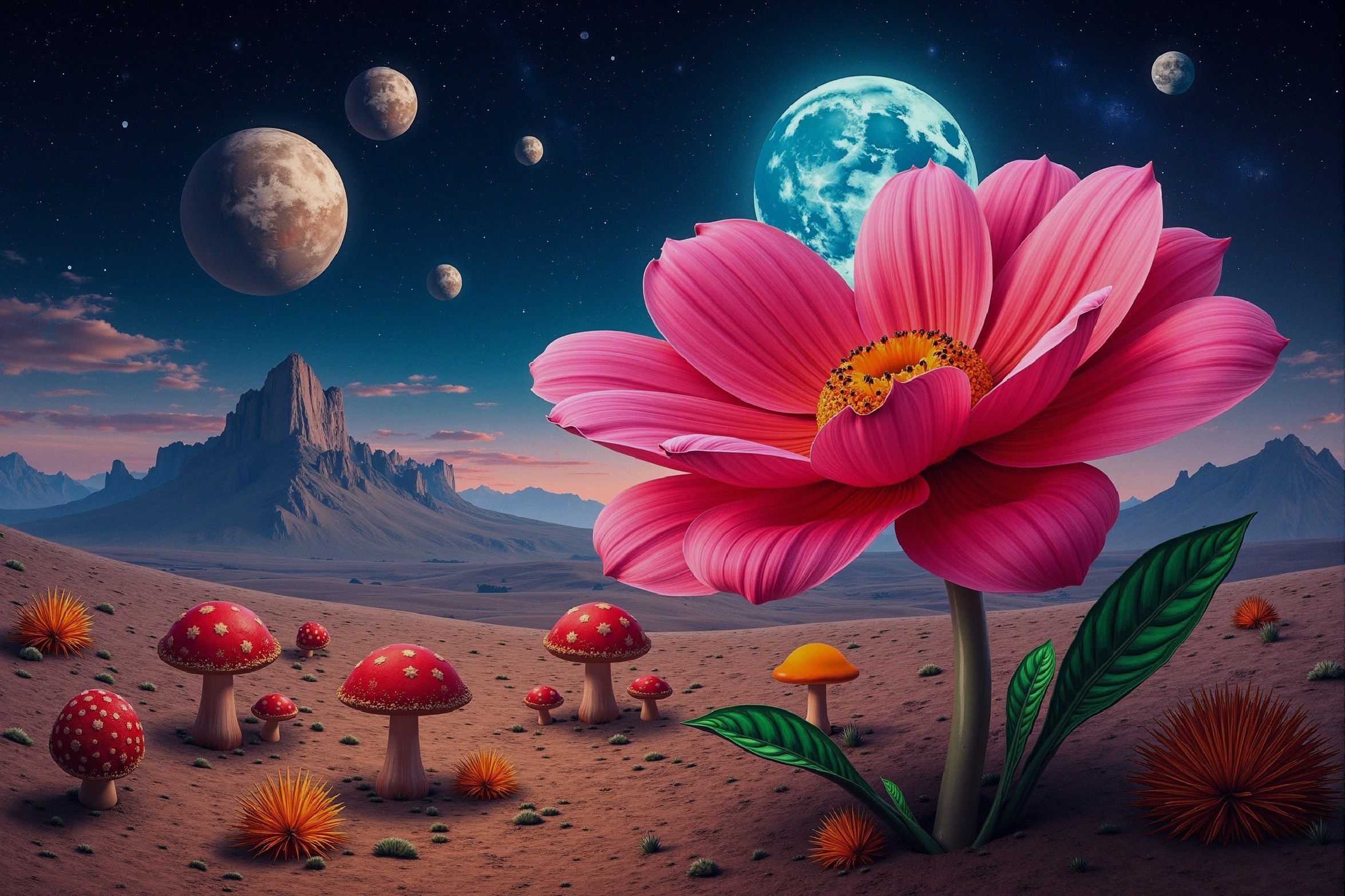 Surreal Landscape with Giant Pink Flower and Moons