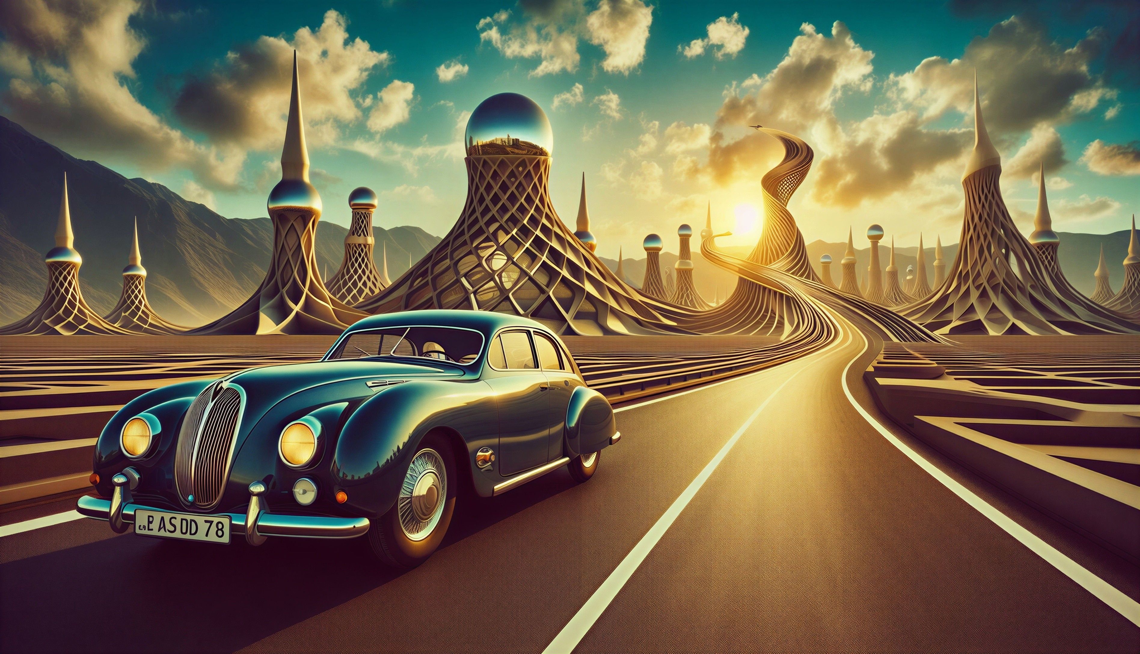 Vintage Blue Car on Surreal Winding Road Landscape