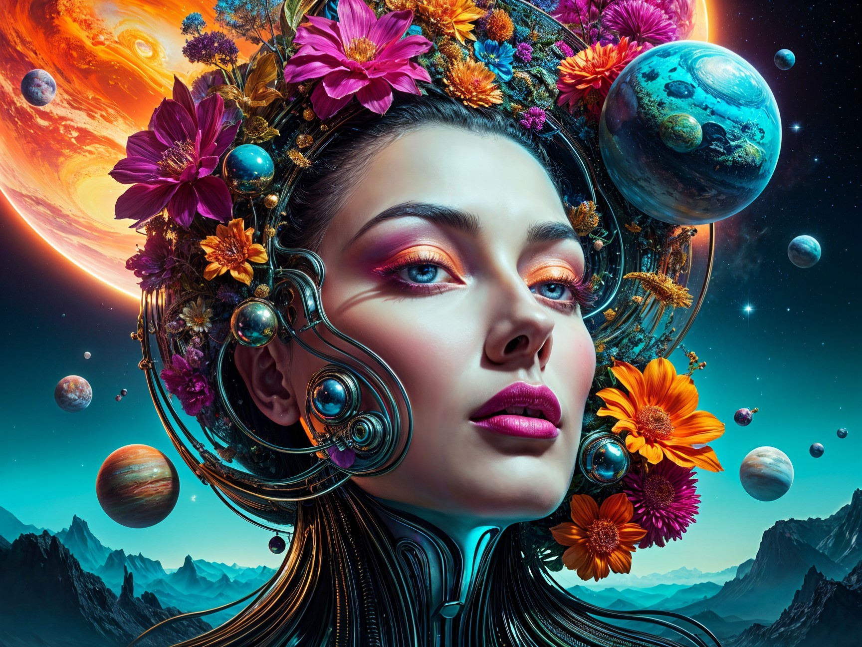 Cybernetic Woman with Flowers in Cosmic Setting