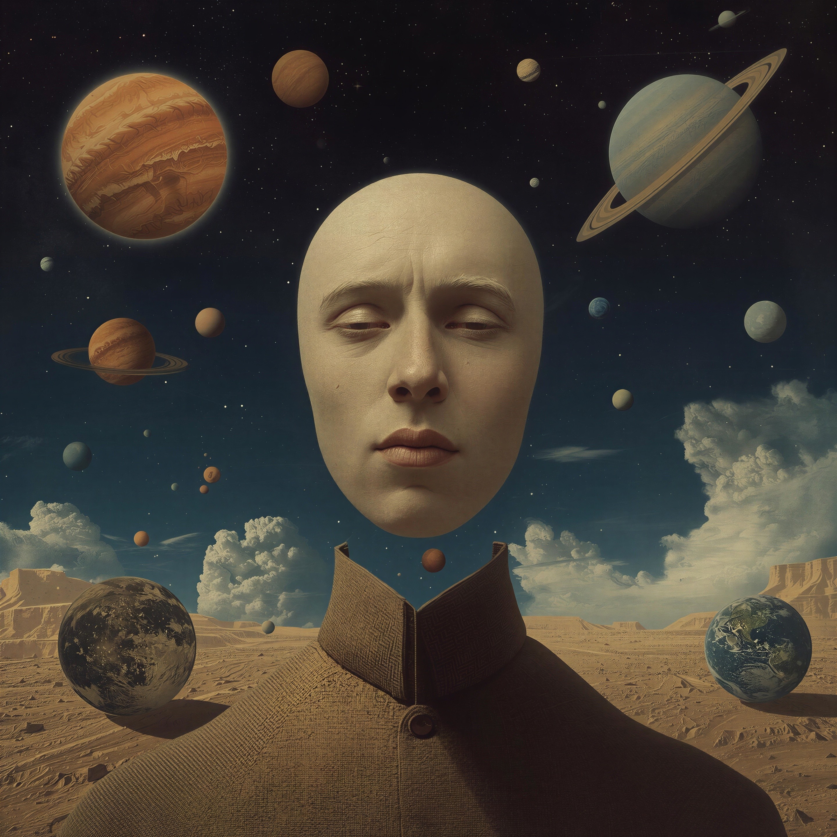 Surreal Scene of a Bald Figure in Cosmic Landscape