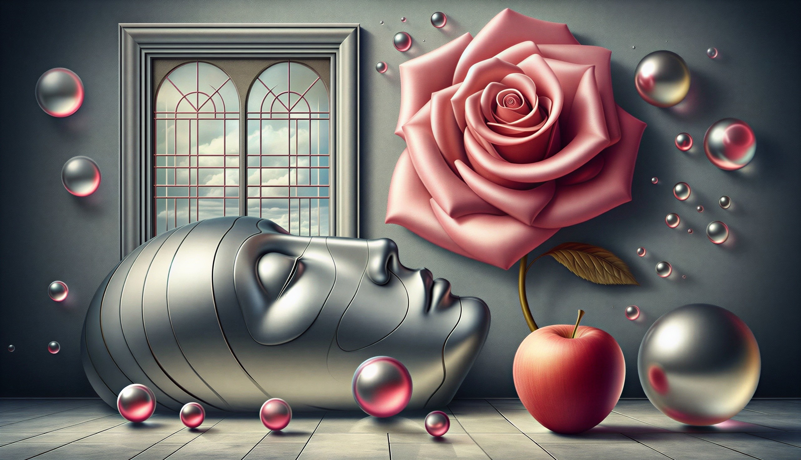 Surreal Composition with Faceless Head and Floral Elements