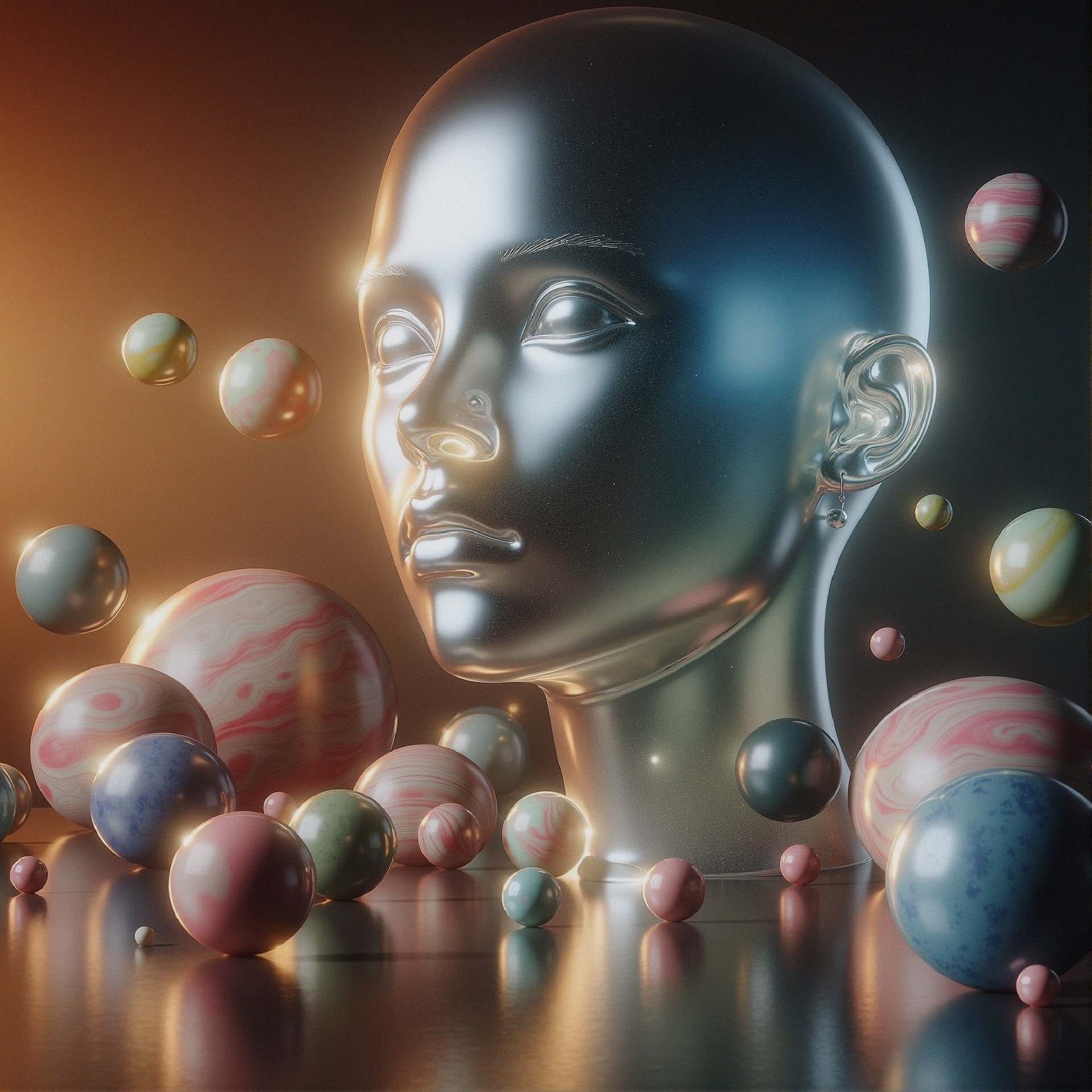 Metallic Human Head Sculpture with Colorful Spheres