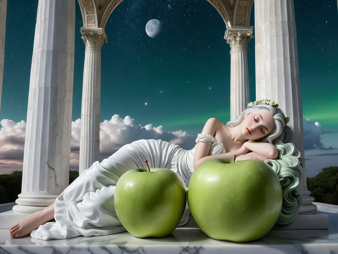 Serene figure in white gown among green apples at night