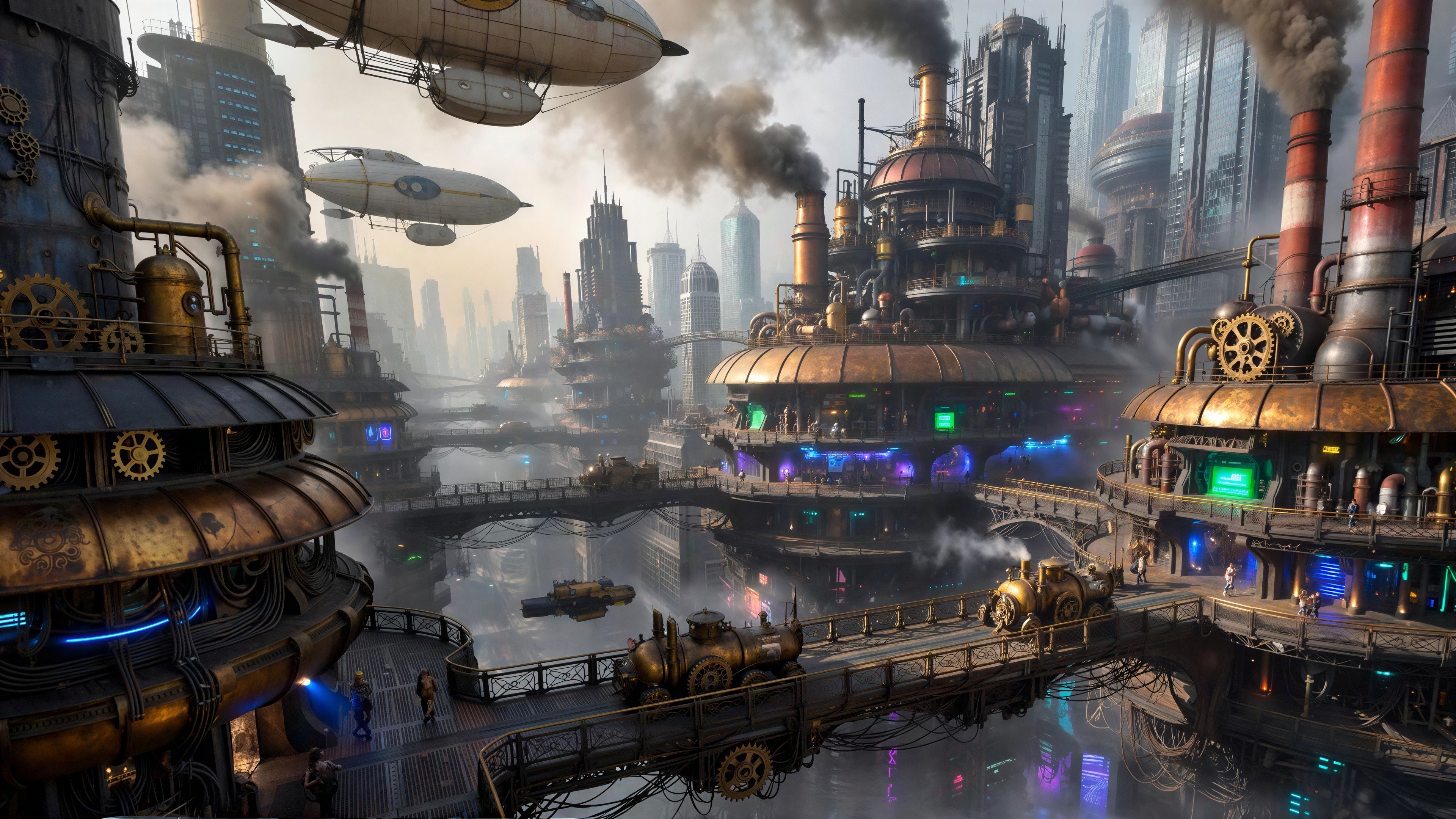 Aerial View of a Detailed Steampunk Cityscape