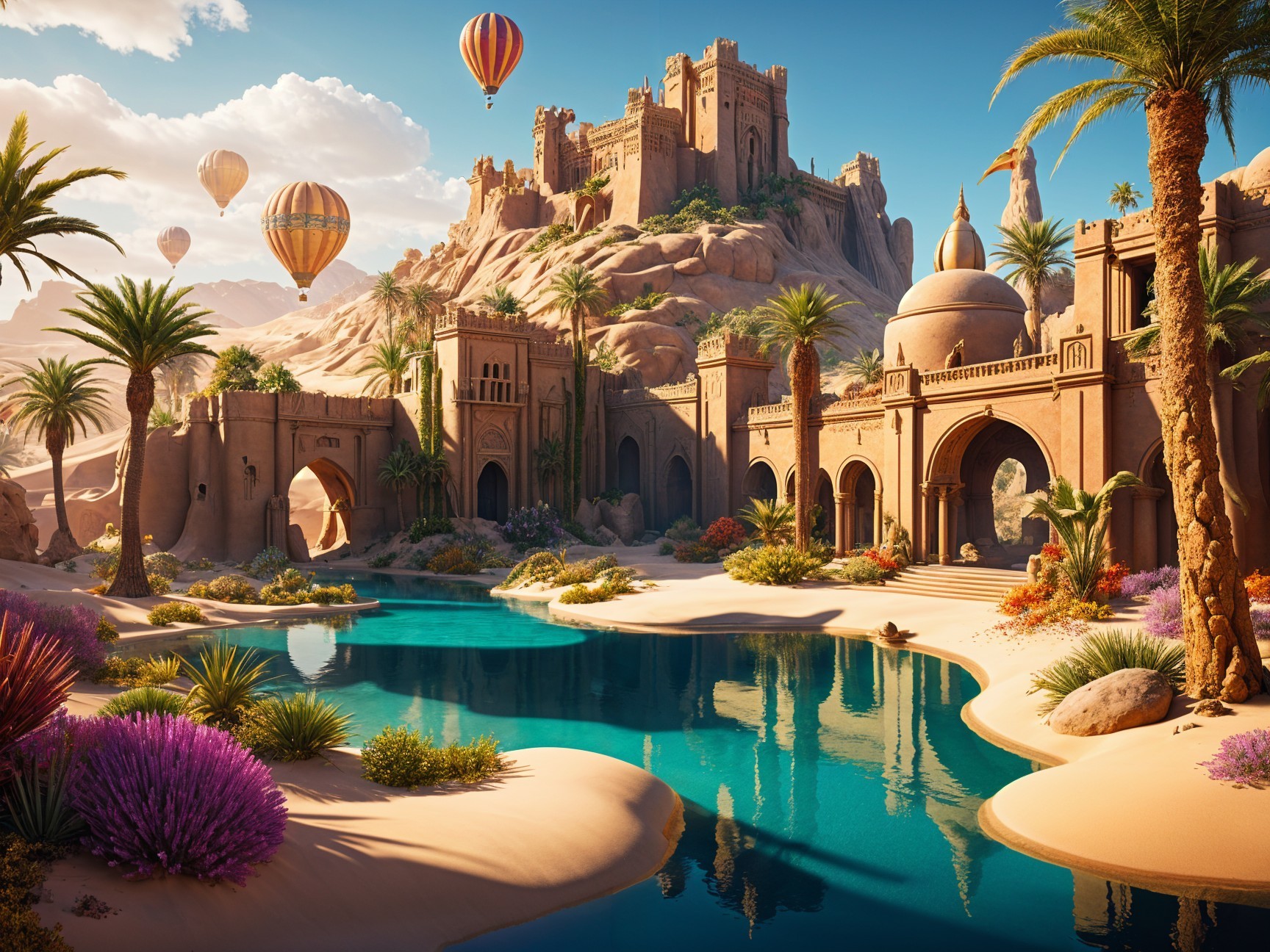 Desert Oasis with Palm Trees and Majestic Mountains