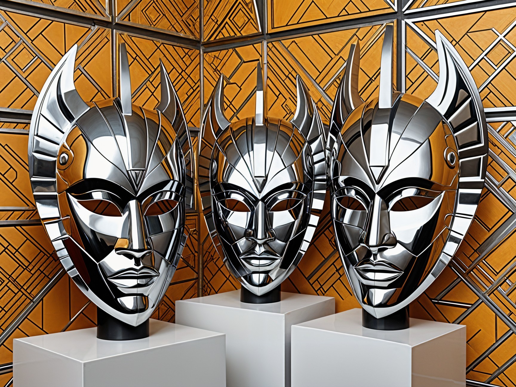 Metallic Masks with Intricate Designs on Pedestals