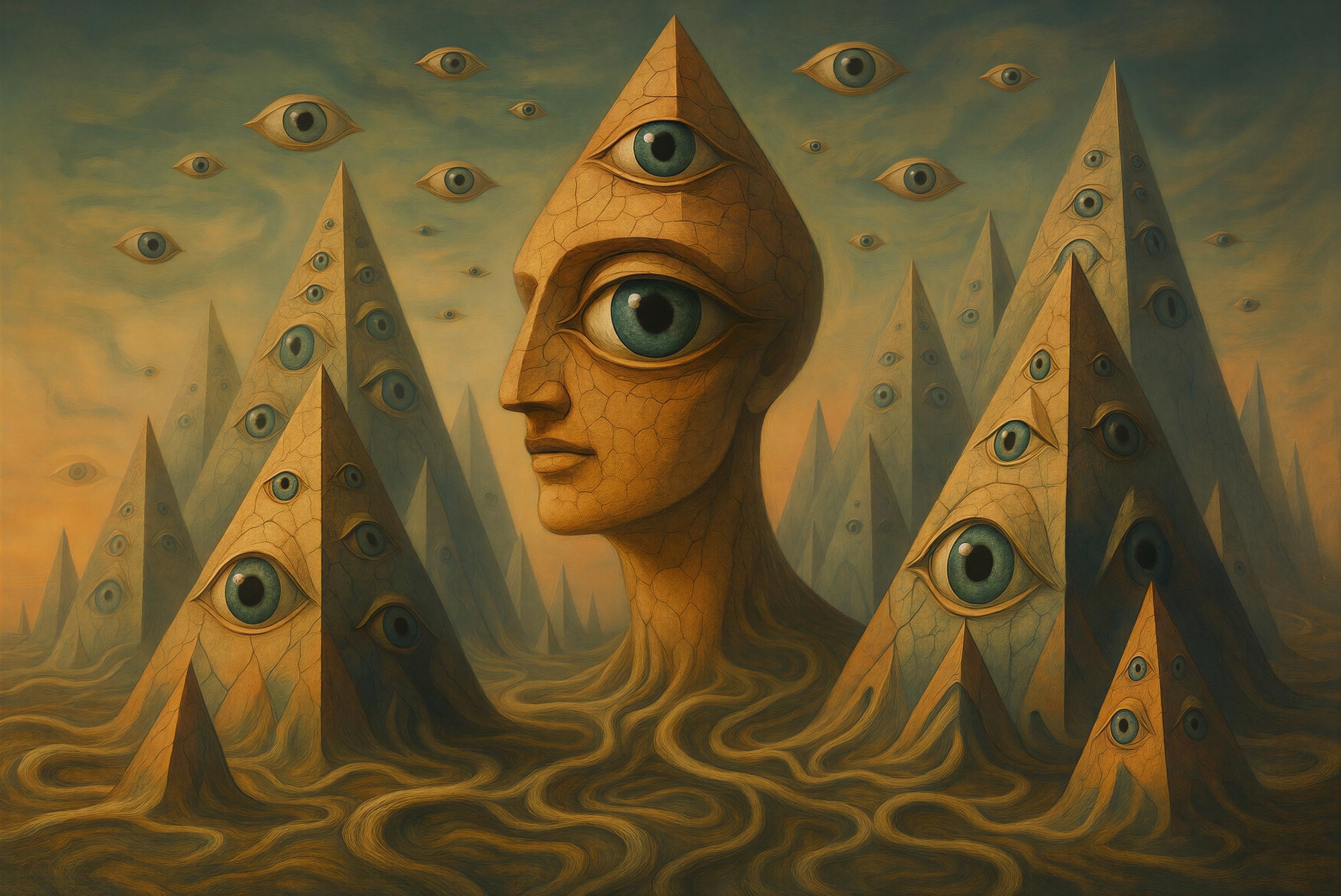 Surrealist Oil Painting of Pyramid-Headed Figure