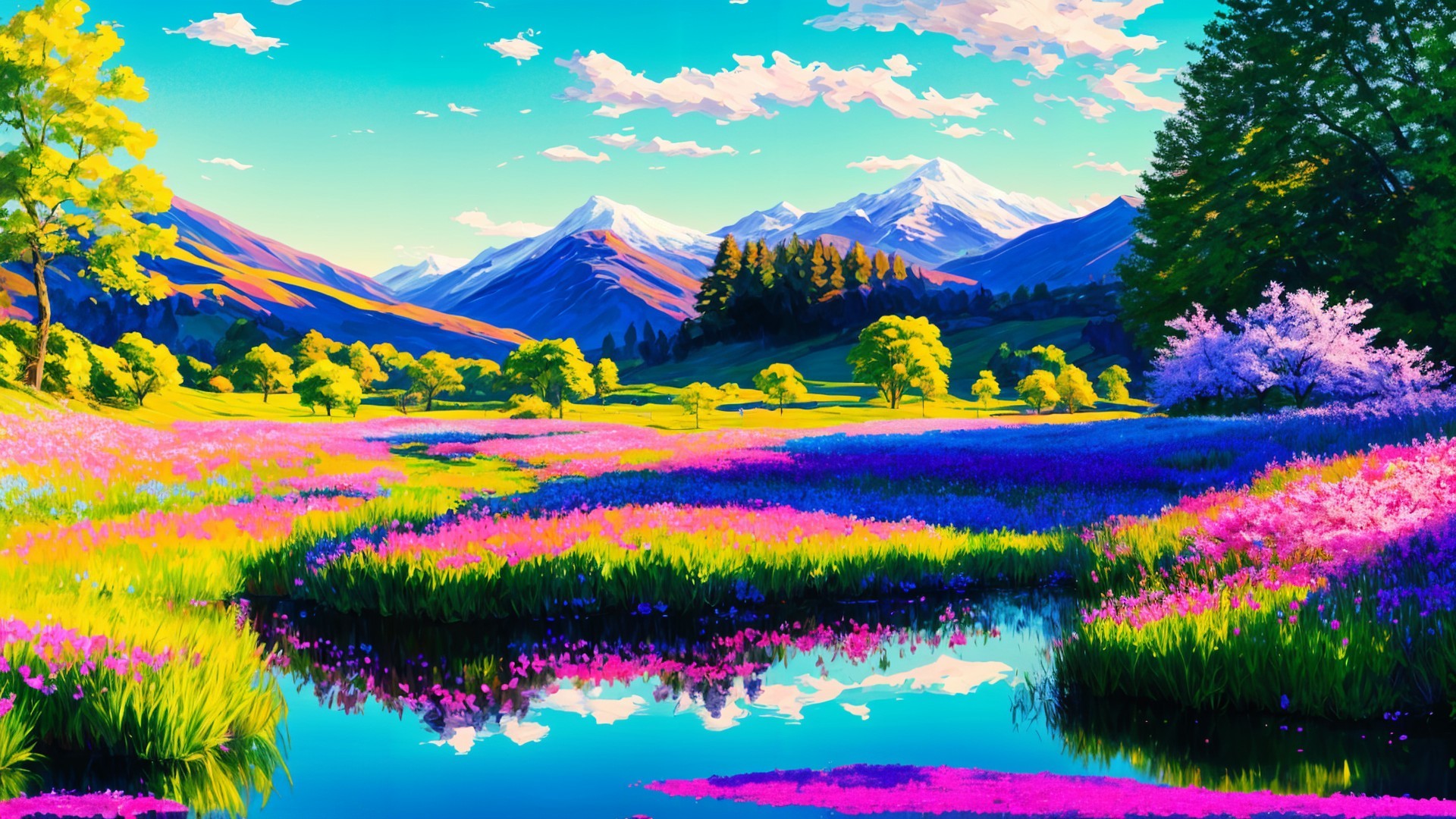 Vibrant Landscape with Meadow and Reflective Pond