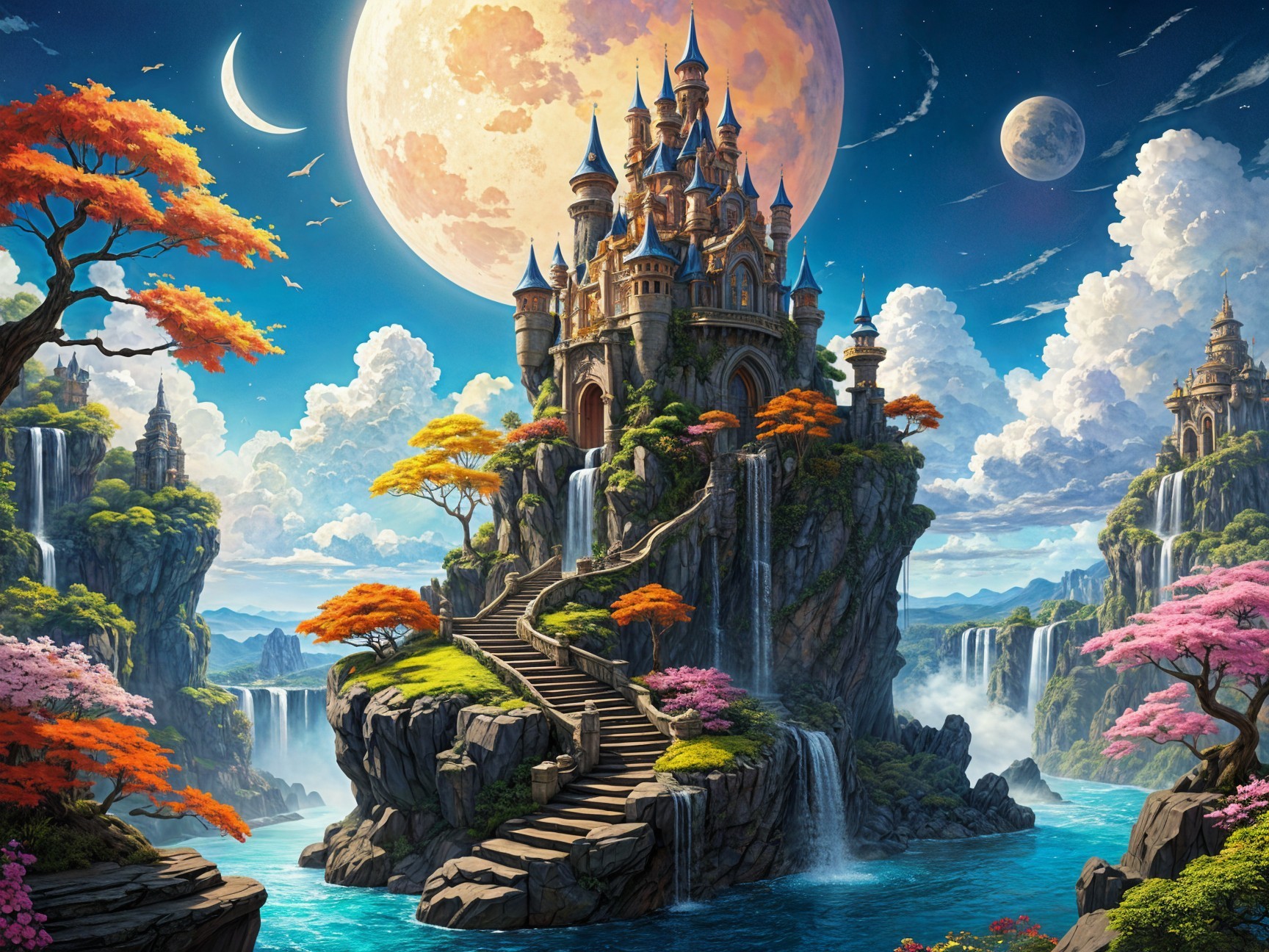 Majestic castle on rocky island with waterfalls and moon