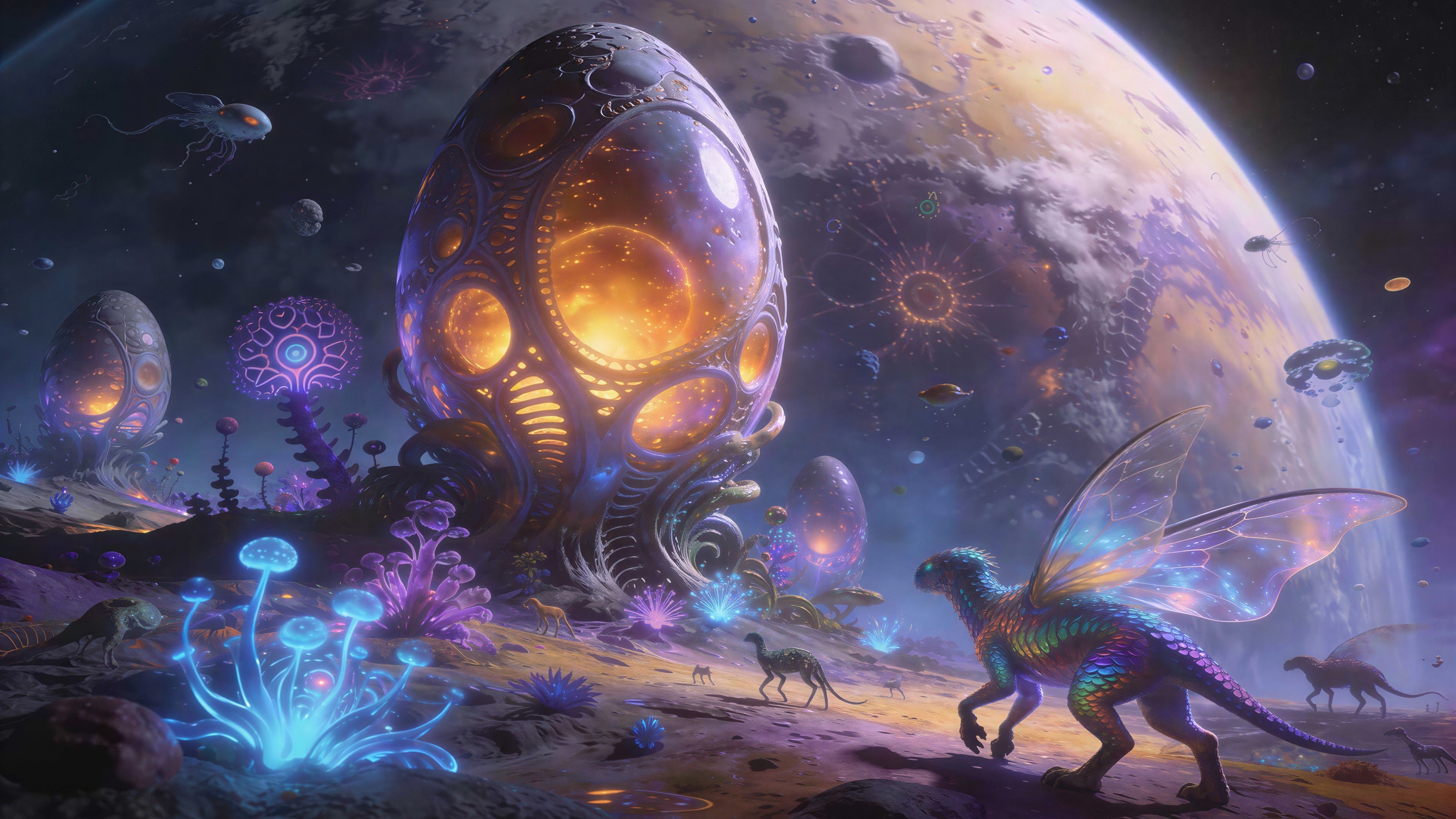 Alien Landscape with Colorful Planet and Bioluminescent Flora