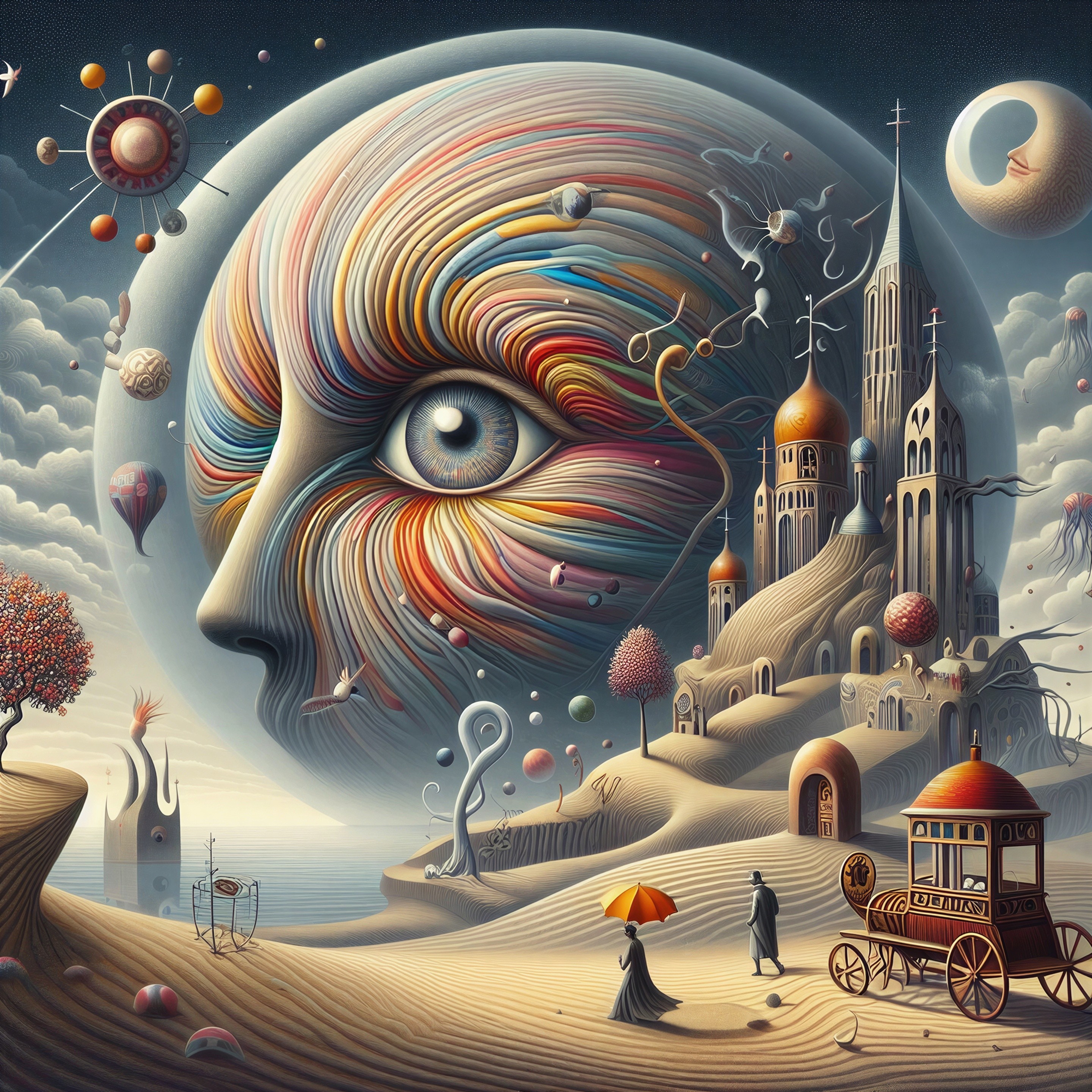 Surreal Landscape with Giant Face and Whimsical Elements