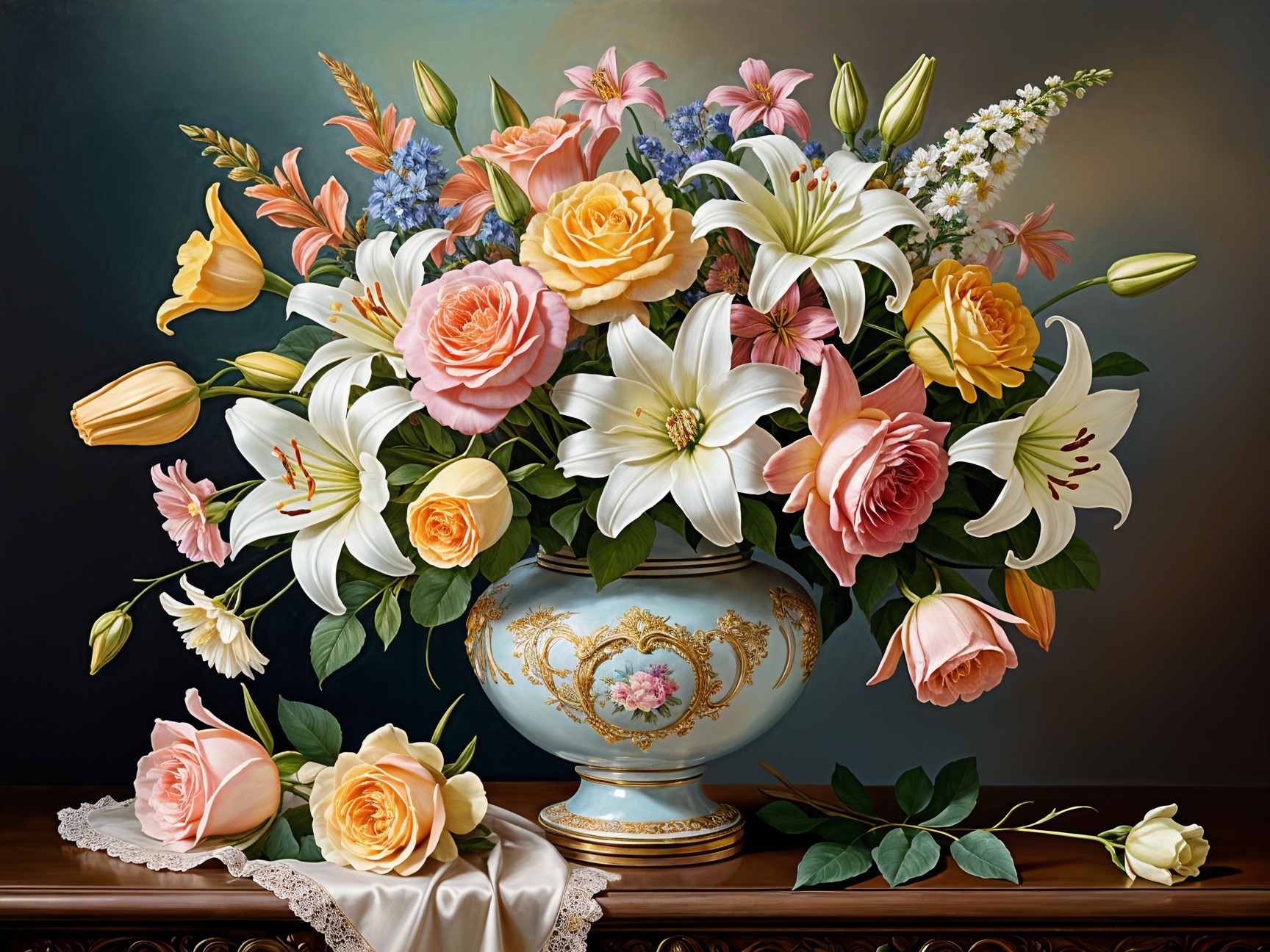 Elegant Bouquet of Roses and Lilies in a Vase