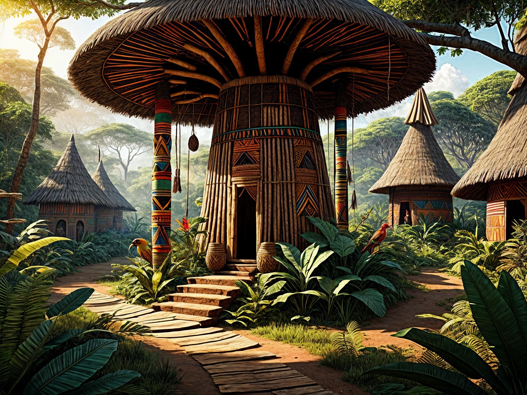 Vibrant village in lush tropical landscape with huts