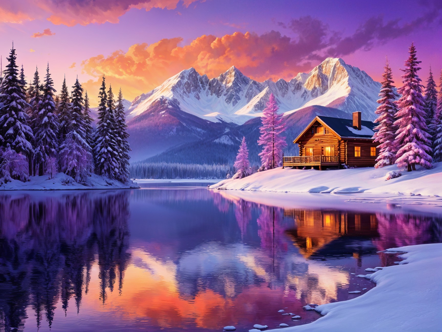 Winter Landscape with Cabin and Reflective Lake