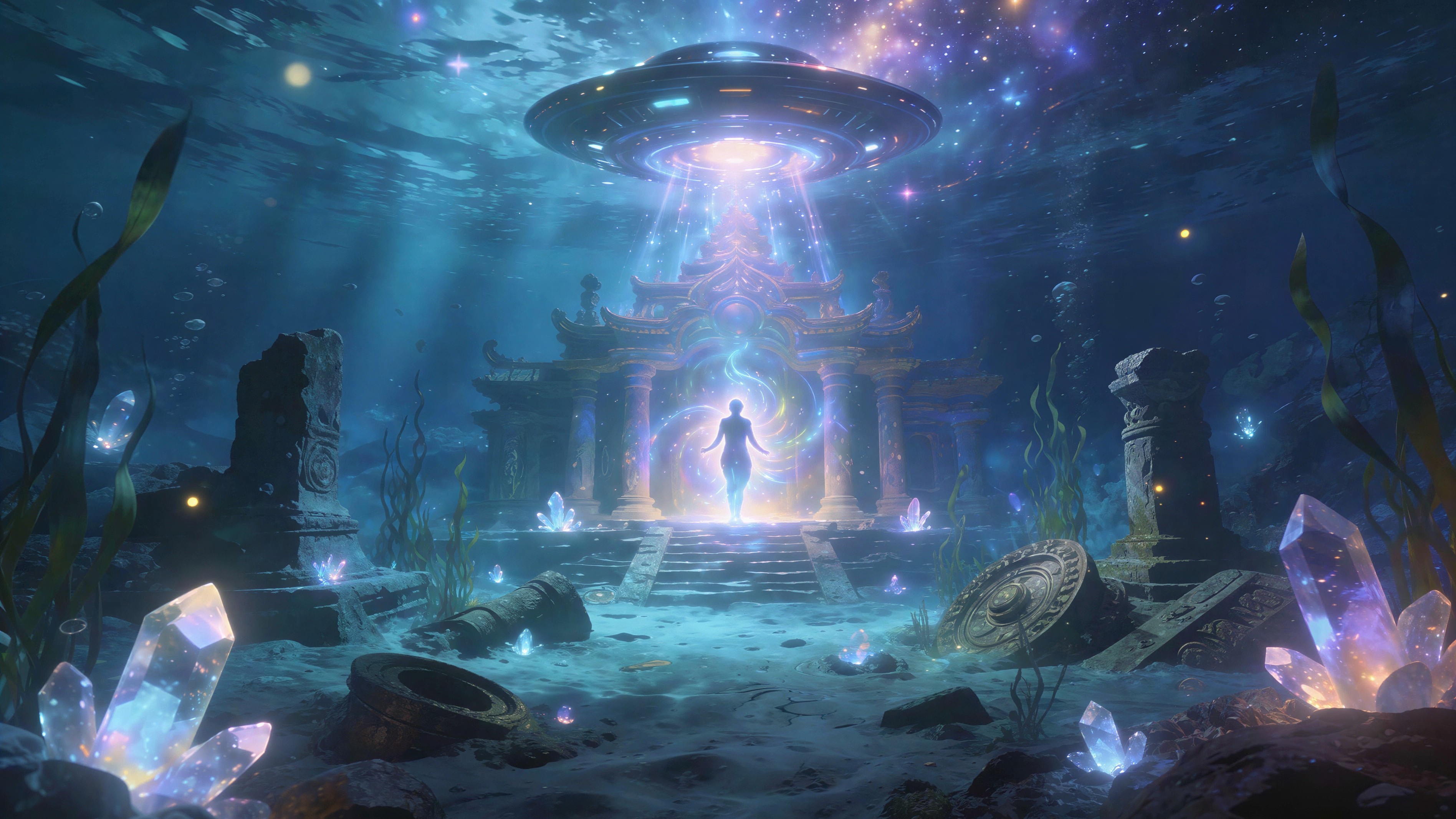 Symmetrical Underwater Fantasy with UFO and Temple