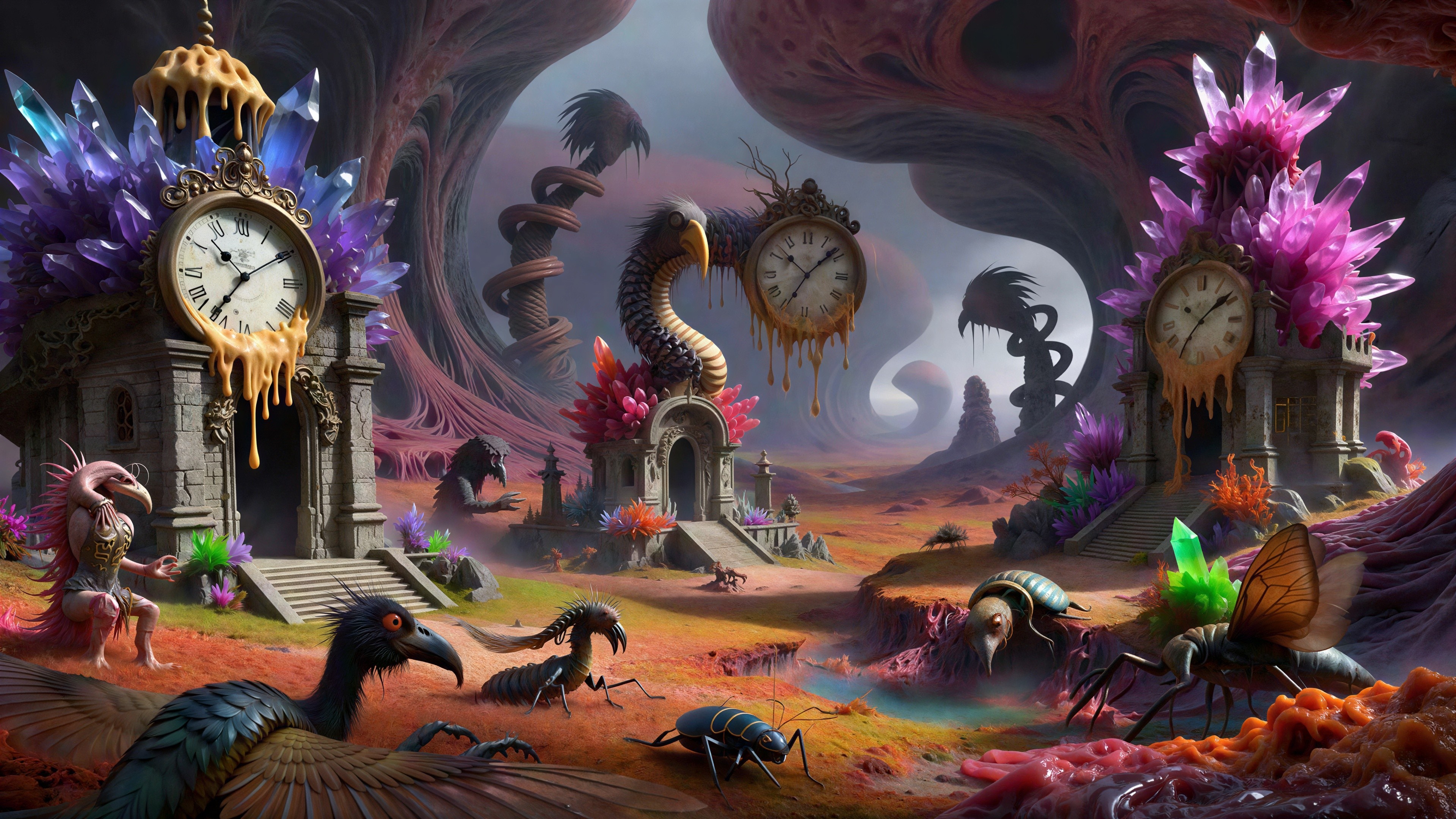 Surreal dreamscape featuring melting clocks and creatures